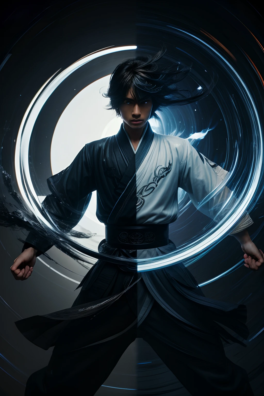 wabstyle, glowing, two-tone hair, fighting stance, (white|black:0.5), yin yang, 1boy, energy sword, solo, (photorealistic:1.4), cinematic angle, fisheye, motion blur