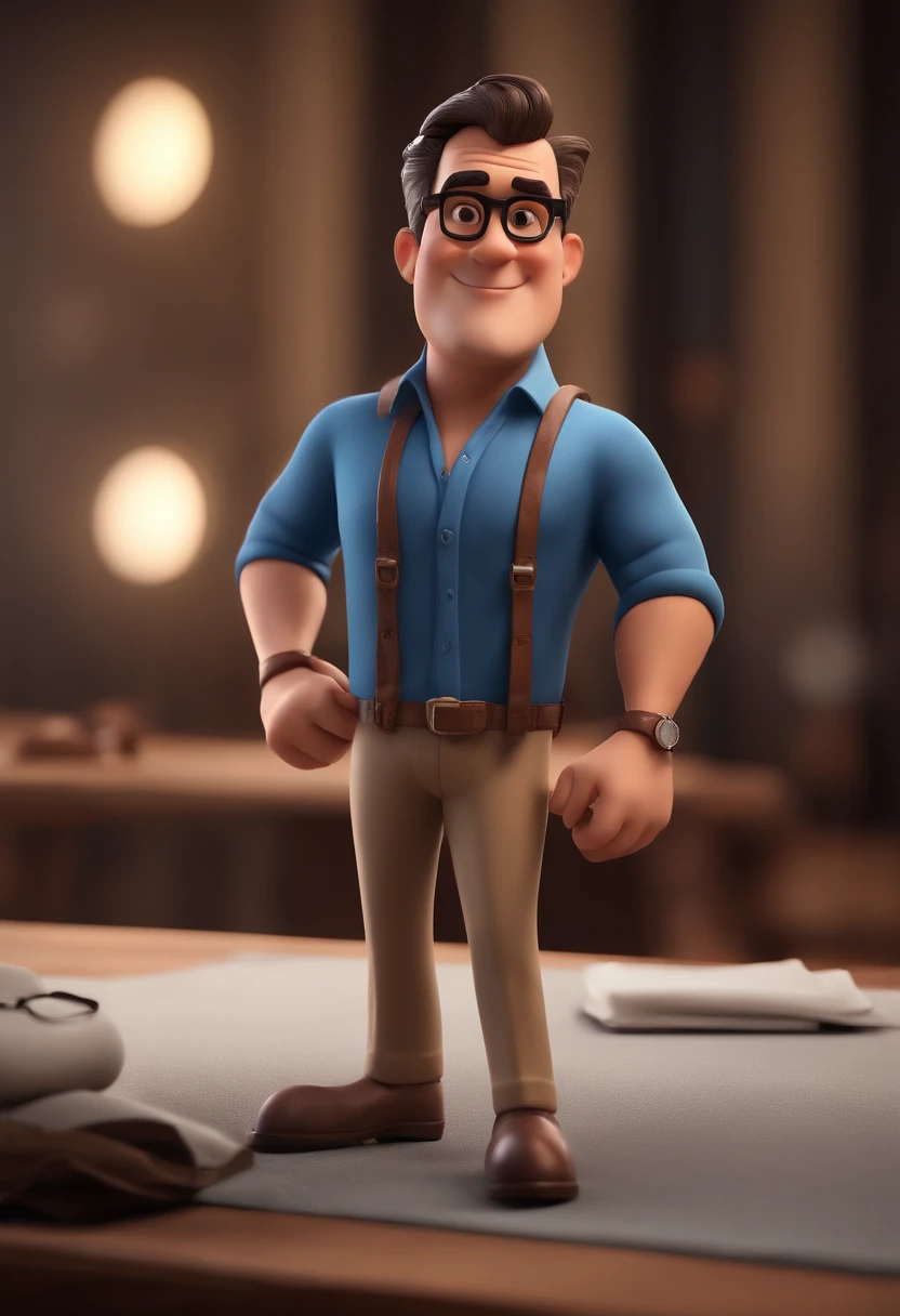 Cartoon character of a man with black glasses and a blue shirt, animation character, Caractere estilizado, animation style rendering, 3D estilizado, Arnold Maya render, 3 d render stylized, toon render keyshot, Personagem 3D, Personagem 3D, 3d rendering stylized, 3 d character render, personagem de desenho animado, Personagem de close up, Pose de personagem,  (Estilo Pixar) (master part:1.2) (Bokeh) (best quality) (pele detalhada) (textura detalhada) (8k) (argila) (Cinematic lighting) (foco nítido