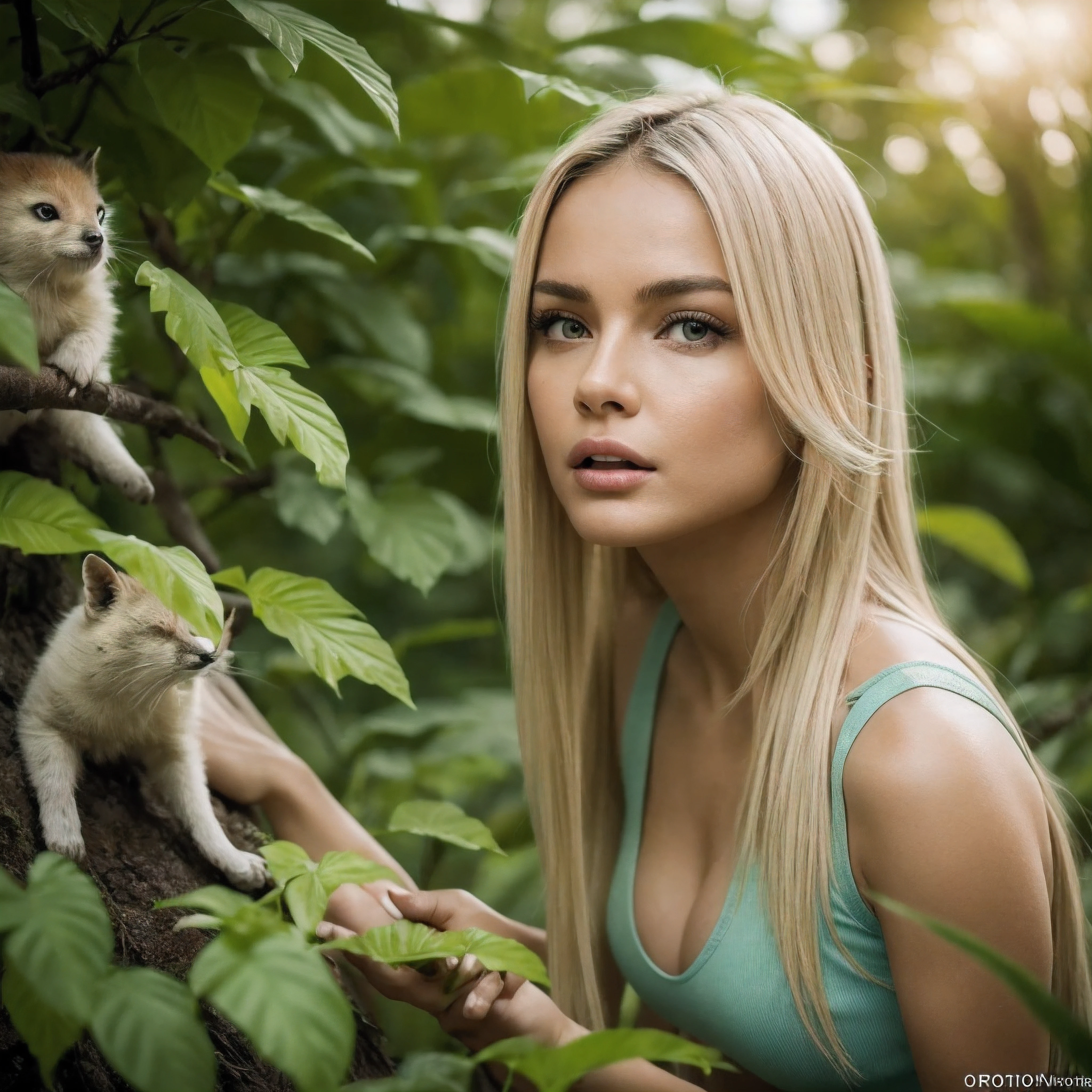 Hyper-realistic action scene in which a beautiful blonde woman closely examines the flora and fauna of America. "Add extremely precise details to plants, Animales, And the look of astonishment on the girl's face, 8k, CinematicLight, foto realista, Renderizado de octanaje, centrado, obra maestra, 35mm,