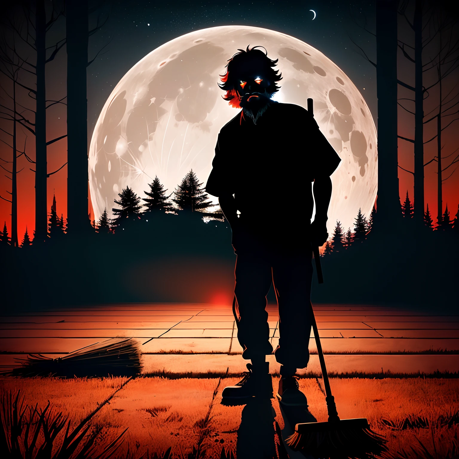 Drunken shaggy old janitor with broom in hand, Silhouette on the background of the lunar disk, Shiny drunken red eyes, red glare in the eyes, Tousled beard, Crooked grin, Drunken Grin, A lit cigarette in your teeth; Forest Park, twilight, An intimidating atmosphere