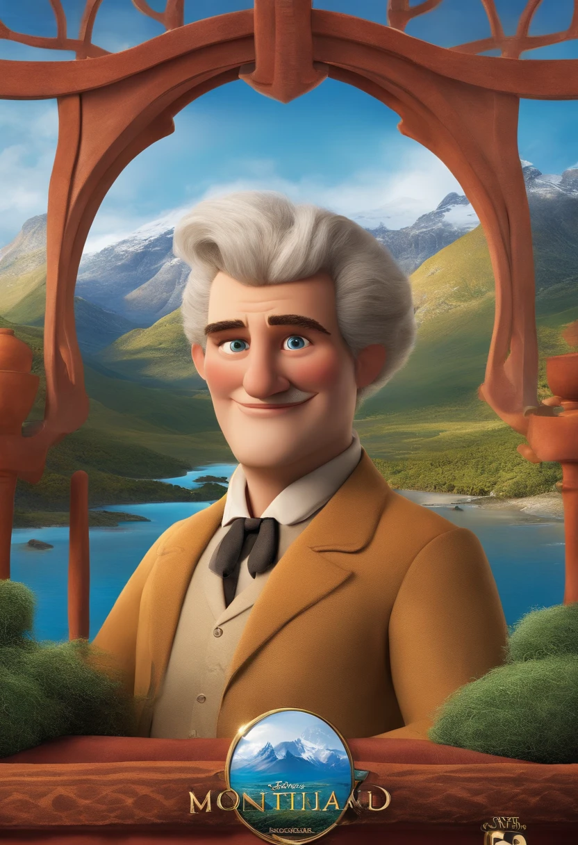 a Disney Pixar movie poster showing a white-skinned person. A pessoa tem barba curta, Moreno, cabelos curtos e levemente ondulado.. The background is a landscape of Ushuaia with Montanas and lakes seen at a low height from the ground