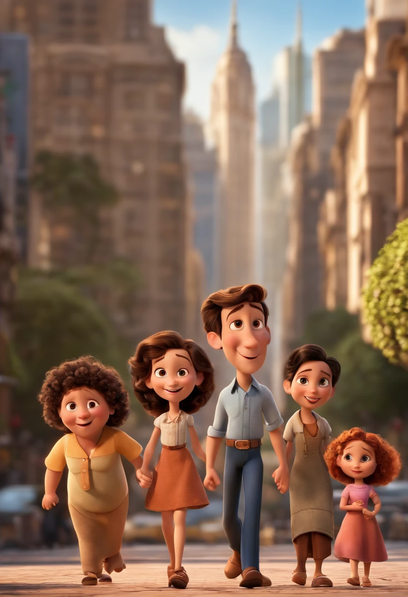 a Disney Pixar movie poster showing a white-skinned family. O pai trm barba curta, Moreno, cabelos curtos e espinhosos. The mother has dark brown eyes and hair and is slightly overweight. A menina tem 7 anos e cabelos castanhos escuros, roupa branca e rabo de cavalo. The background is Paulista Avenue seen from the SESC Paulista Viewpoint. 3D-rendering