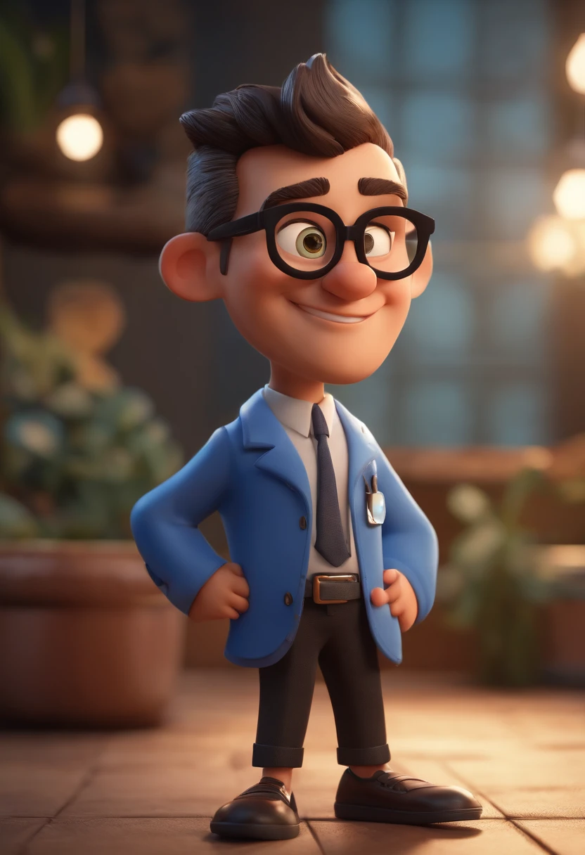 Cartoon character of a man wearing black glasses and a blue shirt, um personagem animado, Caractere estilizado, animation style rendering, 3D estilizado, Arnold Maya render, 3 d render stylized, toon render keyshot, Personagem 3D, Personagem 3D, 3d rendering stylized, 3 d character render, personagem de desenho animado, Personagem de close up, Pose de personagem, (Estilo Pixar) (master part:1.2) (Bokeh) (best quality) (pele detalhada) (textura detalhada) (8k) (argila) (Cinematic lighting) (foco nítido,Senta e vaza a parte superior do corpo