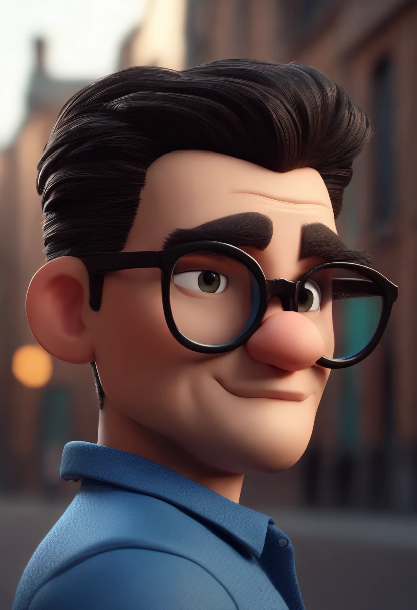 Cartoon character of a man wearing black glasses and a blue shirt, um personagem animado, Caractere estilizado, animation style rendering, 3D estilizado, Arnold Maya render, 3 d render stylized, toon render keyshot, Personagem 3D, Personagem 3D, 3d rendering stylized, 3 d character render, personagem de desenho animado, Personagem de close up, Pose de personagem, (Estilo Pixar) (master part:1.2) (Bokeh) (best quality) (pele detalhada) (textura detalhada) (8k) (argila) (Cinematic lighting) (foco nítido，Senta e vaza a parte superior do corpo