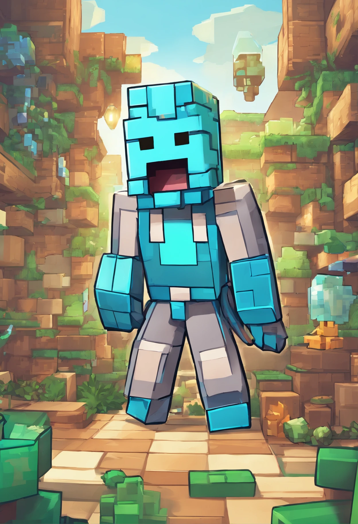 best quality,ultra-detailed,realistic:1.37,(HDR,UHD),professionally-rendered,sharp focus,physically-based rendering,vivid colors,studio lighting,bokeh,portraits,diamond armor character,pixar animation style,Steve,minecraft game,retaining the essence of the original Minecraft design,long,blocky limbs and body,happy and friendly facial expression,wearing a full set of diamond armor,diamond helmet,diamond chestplate,diamond leggings,diamond boots,smooth and shiny diamond texture,reflecting light beautifully,blue and cyan tones,pixelated art style,accurate representation of the Minecraft world,muted background,glowing eyes,floating square speech bubble saying "Hi!",blend seamlessly into the Minecraft environment,unique artistry while respecting the established Minecraft aesthetic.