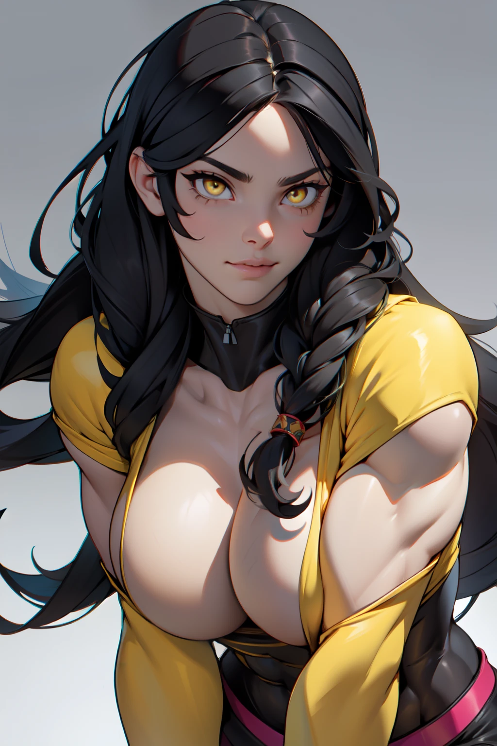(((muscular girl))) huge breasts grey background black hair very long hair yellow eyes pale skin close up