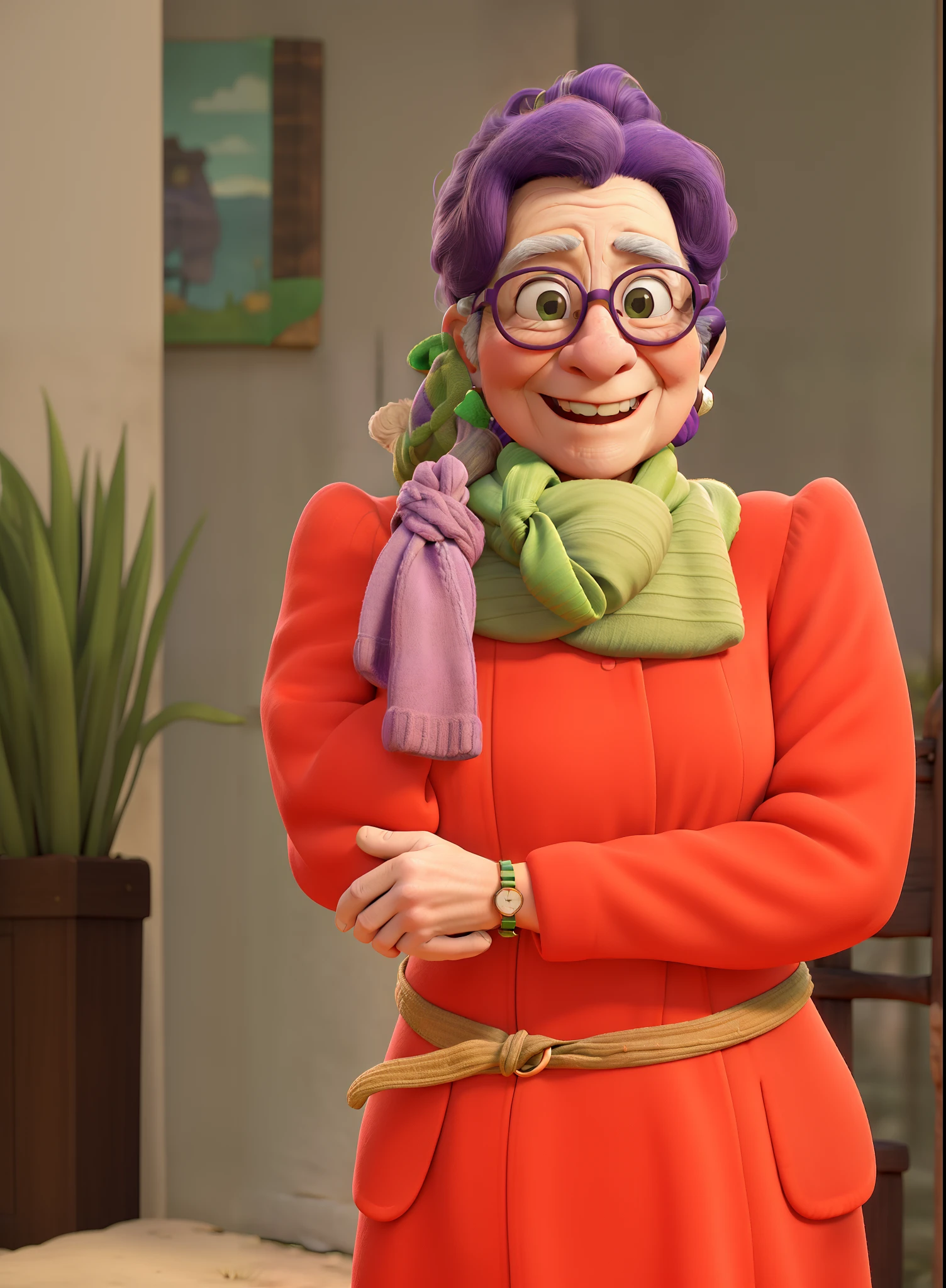 masterpiece, best quality, an old woman with glasses and a scarf on, wearing a purple coat and green scarf, standing at the park