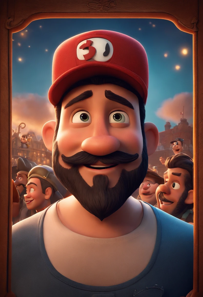 Imagem estilo Pixar com personagen 3d Disney,with a short man with beard and a big big nose with tattoo and cap ,sujo, bonitinho, sorridente ,Close-up, Pixar, Disney, Cinema lighting,