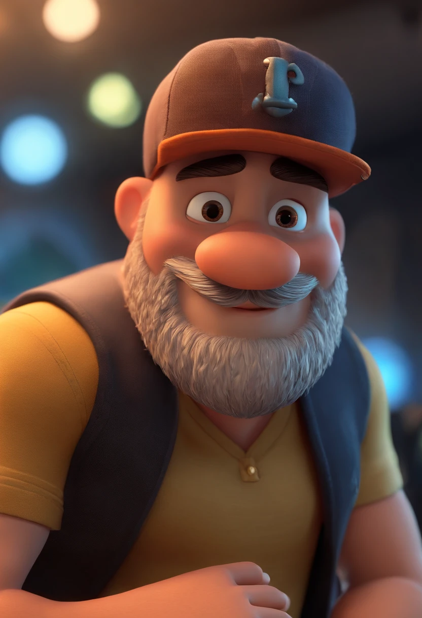 Imagem estilo Pixar com personagen 3d Disney,with a short man with beard and a big big nose with tattoo and cap ,sujo, bonitinho, sorridente ,Close-up, Pixar, Disney, Cinema lighting,