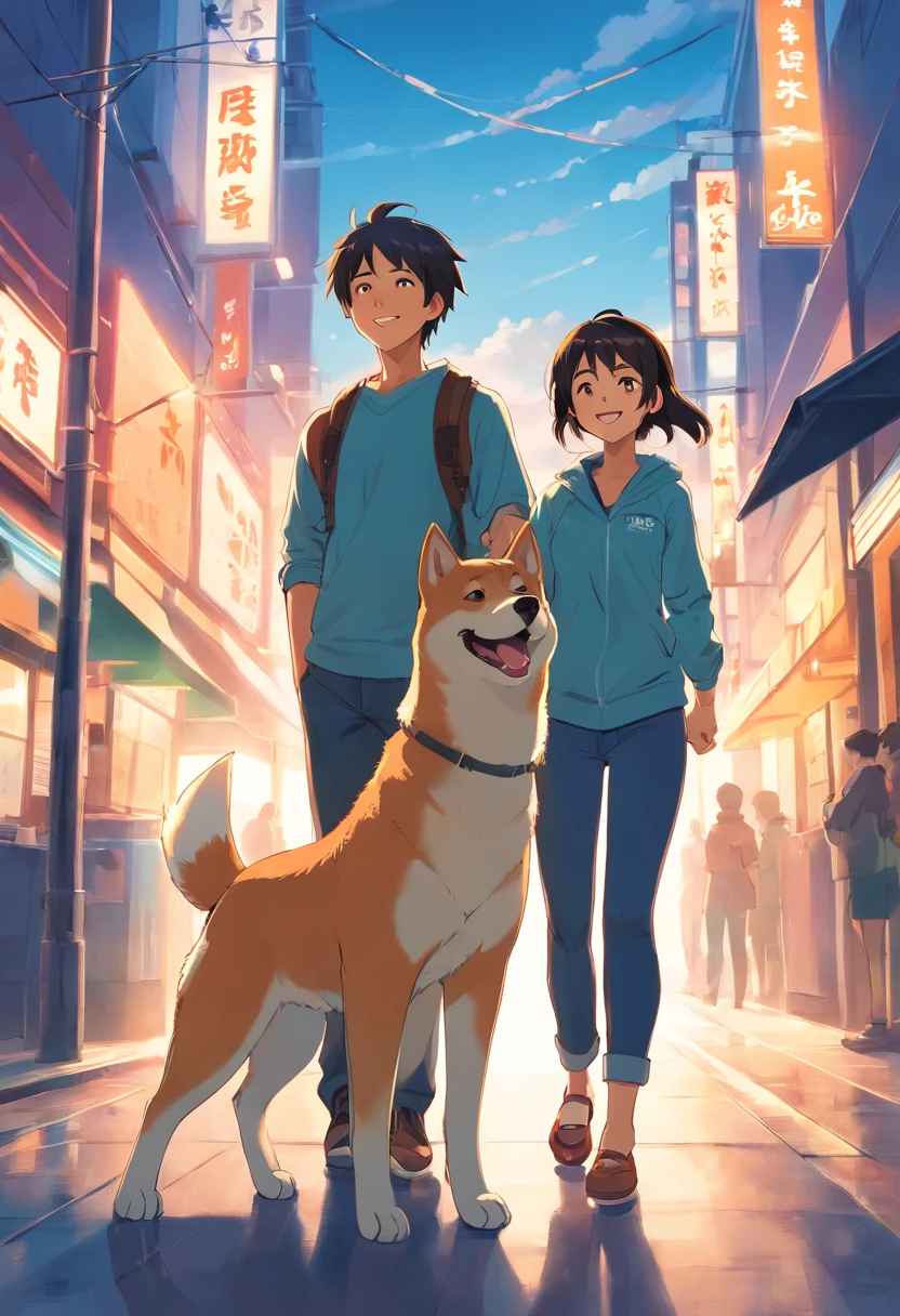 illustration,estilo desenho,cartoon, retrato casal, homem,moreno ,sorridente, mulher, loira,sorridente, Shiba inu dog