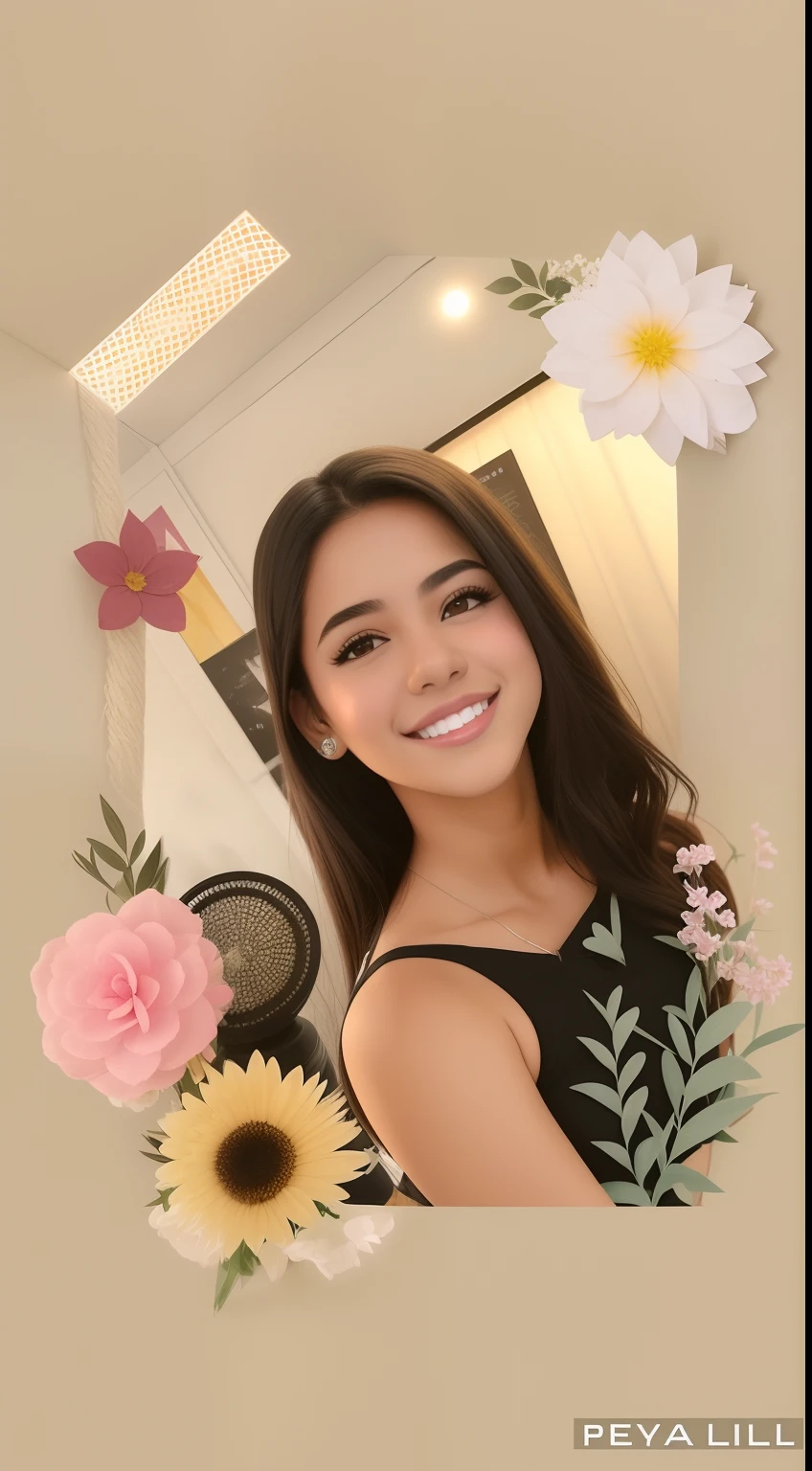 There is a girl who is smiling and posing for a photo, com flores, imagem de qualidade muito baixa, Foto realista, Imagem, foto do perfil, imagem do avatar, feito com photoshop, foto portait foto de perfil, Por Reyna Rochin, instagram story, Album art, Isabela Moner, Alanis Guillen, Com filtros do Instagram, 1 6 anos