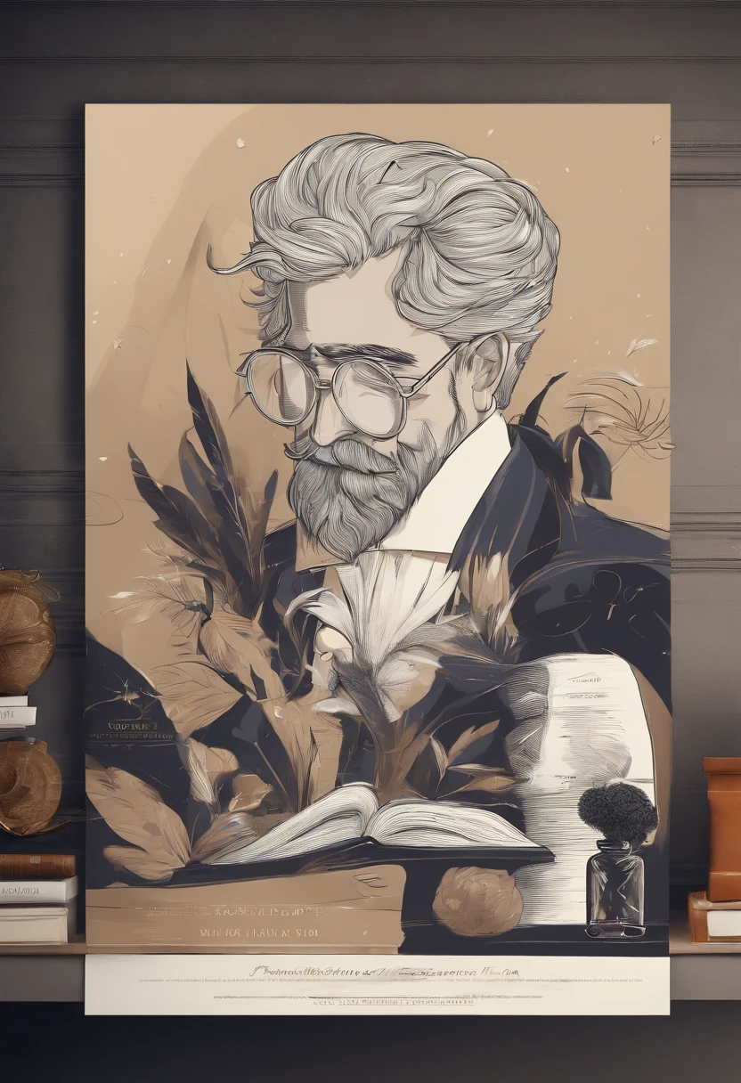 Poster no estilo Disney pixar, alta qualidade, melhor qualidade, homem moreno, 30 anos cabelo liso, barba preta, magro, com fundo em uma livraria.