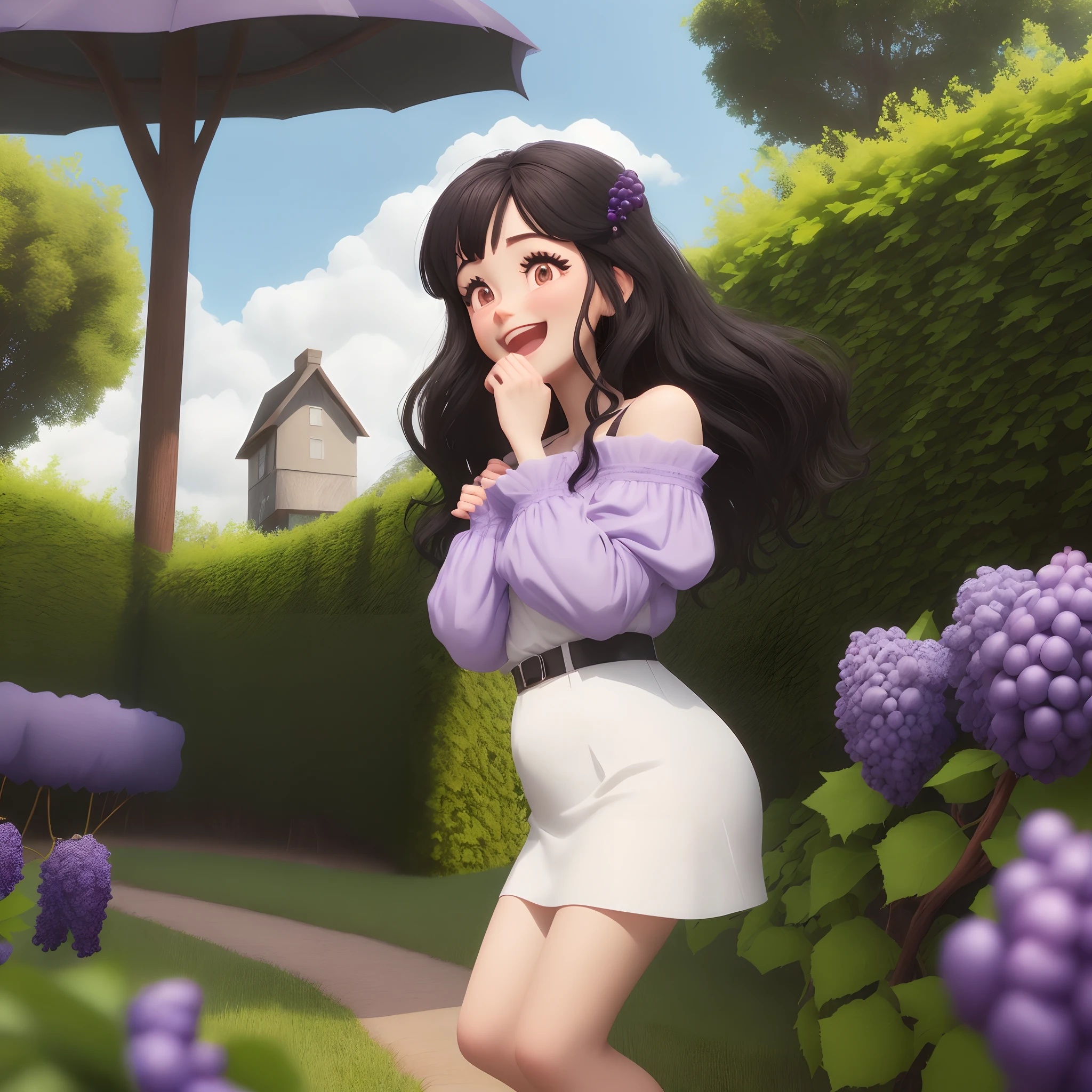 Criar imagem 3D no estilo pixar, capturando uma cena com um homem branco com cabelo preto ajoelhado pedindo em casamento uma mulher branca de cabelo castanho, with her hands on her chin surprised at the request, In the background, a lawn with a bunch of purple grapes standing 20 meters high, com uma estrada de terra e algumas casas ao fundo, With a blue sky and a sunny day, They are smiling and very happy, They're in normal clothes