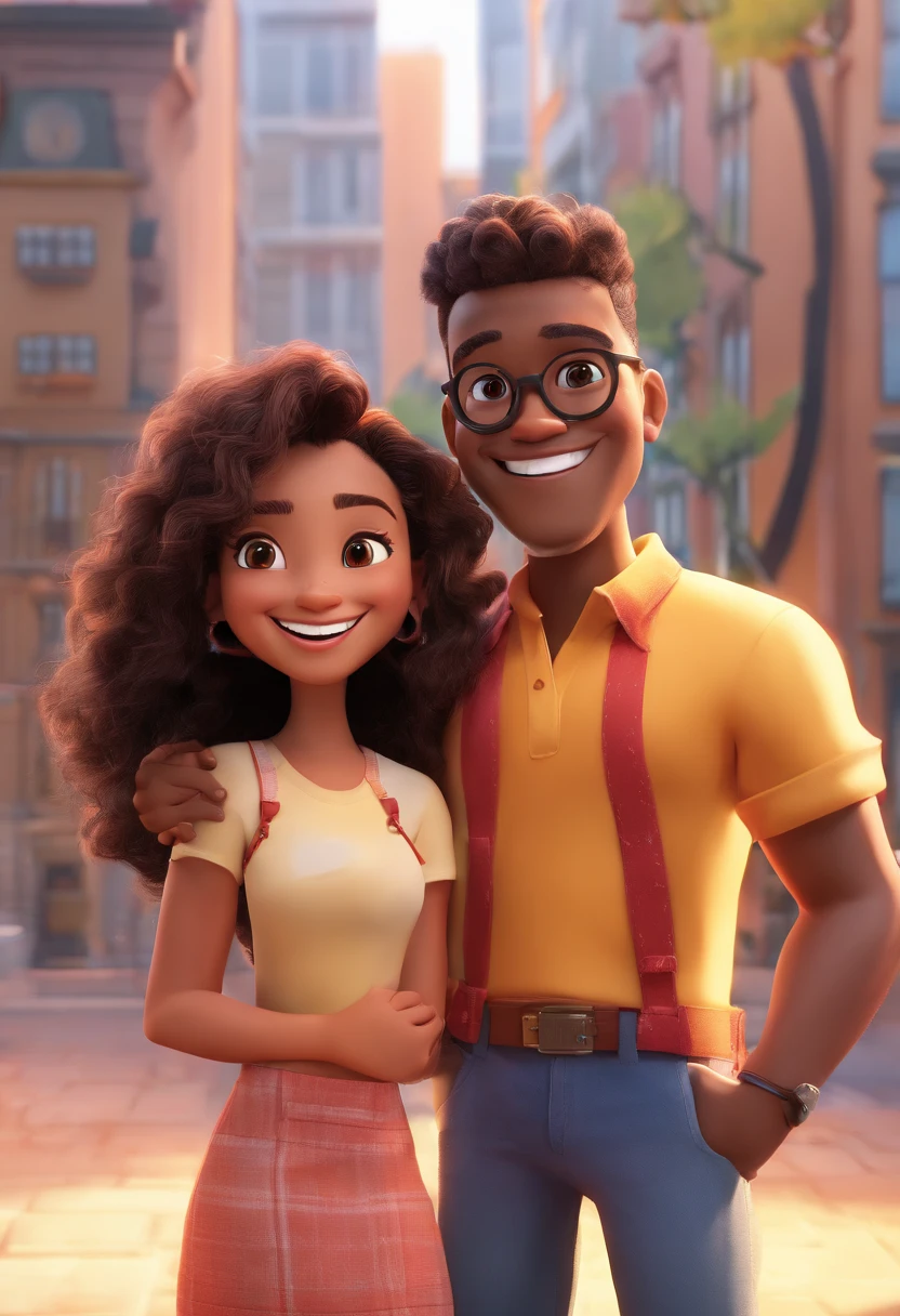 An illustration of an adorable couple, Highlight for a chubby mulatto man with glasses smiling and a brunette woman with beautiful expressive eyes - the man's skin is mulatto and the man's hair haswhile the woman's skin is black and the woman's hair is straight and brown. They are a bright room, cada um com um sorriso no rosto, e compartilhar um momento especial caracterizado pelo amor, Insights. Illustrate this scene from a perspective where they are facing the camera, Smiling and Showing Your Connection. Desenvolva esta arte em Full HD, Focus on your cinematic touch, Estilo Disney Pixar Animations