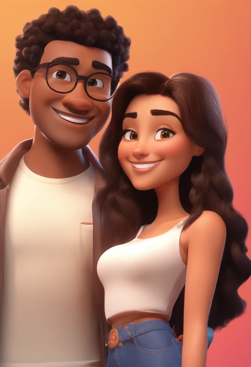 An illustration of an adorable couple, Highlight for a chubby mulatto man with glasses smiling and a brunette woman with beautiful expressive eyes - the man's skin is mulatto and the man's hair haswhile the woman's skin is black and the woman's hair is straight and brown. They are a bright room, cada um com um sorriso no rosto, e compartilhar um momento especial caracterizado pelo amor, Insights. Illustrate this scene from a perspective where they are facing the camera, Smiling and Showing Your Connection. Desenvolva esta arte em Full HD, Focus on your cinematic touch, Estilo Disney Pixar Animations