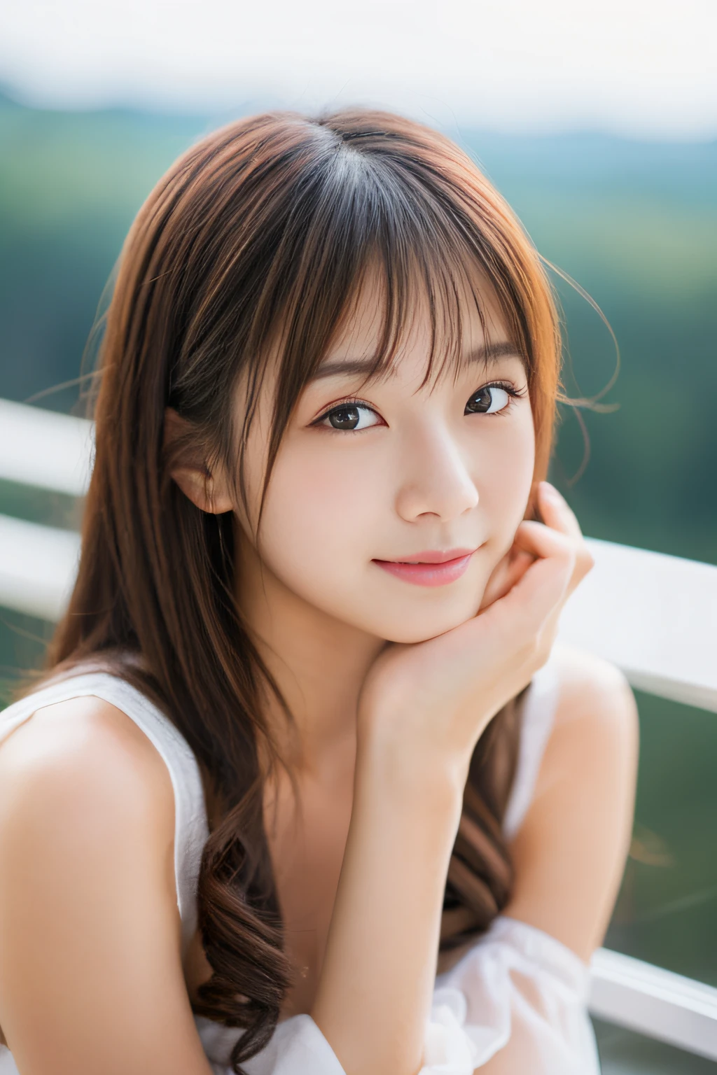 (masterpiece:1.2), Japanese, (((18 years old))), (a girl), outdoor, close up to face, light-brown hair, (((upper body))), (closed eyes),