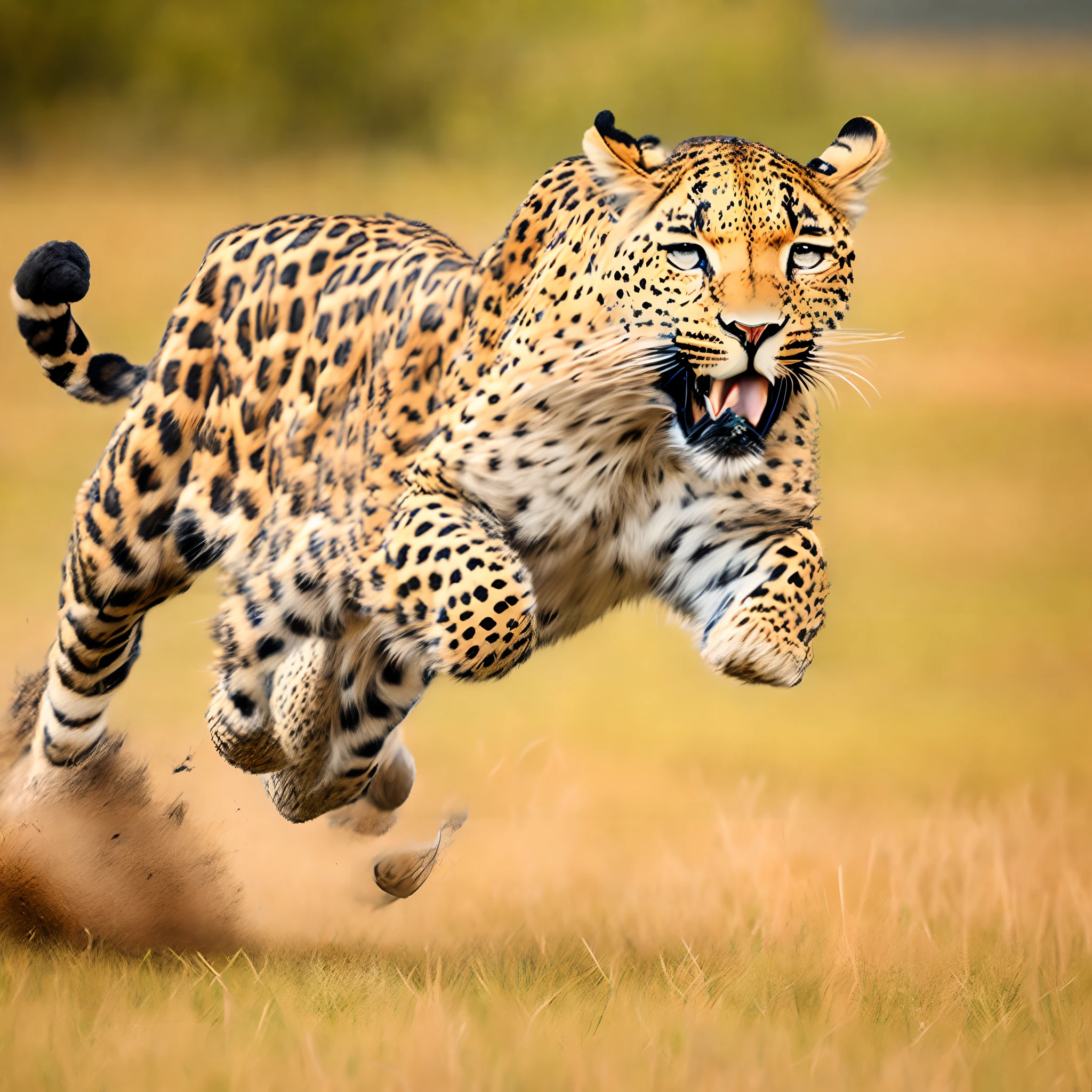 Make a leopard running at high speed in a pasture
