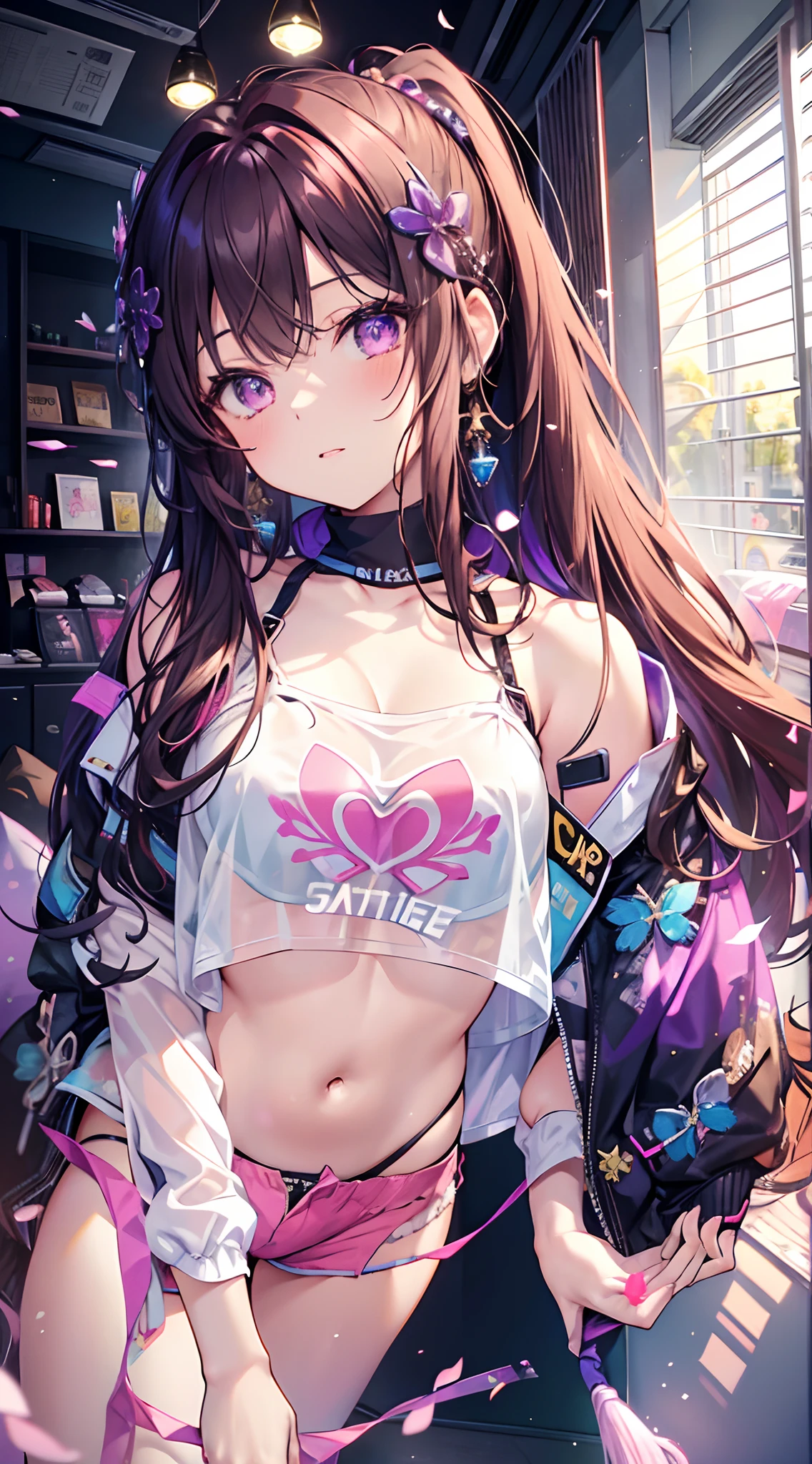 ((Masterpiece)), best quality, absurderes, ultra detailed, holographic, cowboy shot, golden ratio, super cute girl, mature girl, idol girl, super beautiful asian girl with very beautiful violet glowing eyes, beautiful glowing brown multicolored hair, high ponytail, nice and sexy body, slim body, perfect body, wearing a super tight anime printed leotard, an anime printed super tight off shoulder long sleeve crop top, a super aesthetic transparent mini jacket, beautiful hair ornament, pink jordan tennis, being photographed in a mall shop, pulling down shorts showing thong panties