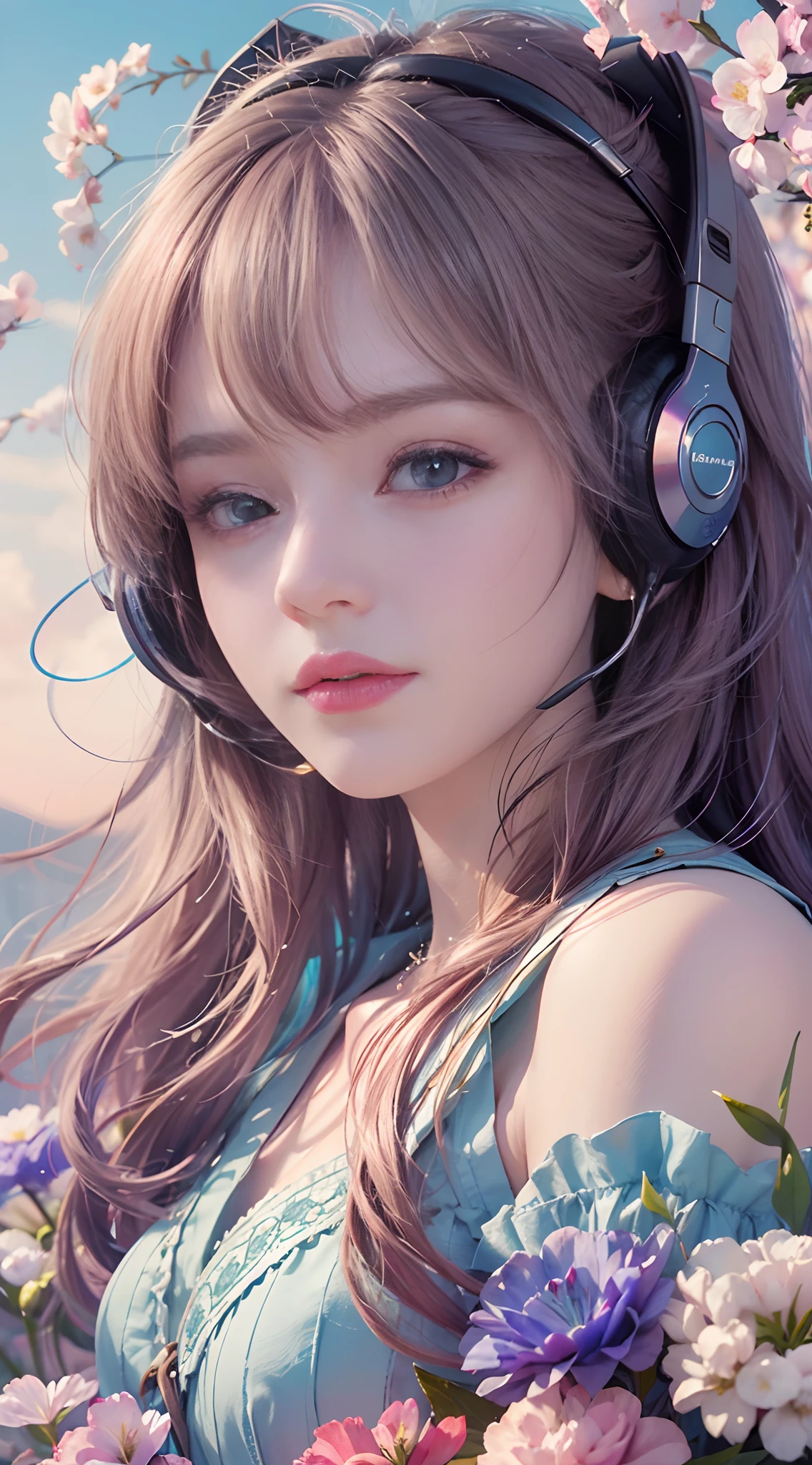 add_detail:2,1girl,detailed face,princess,taoist),flower, Lisianthus ,in the style of light pink and light azure, dreamy and romantic compositions, pale pink, ethereal foliage, playful arrangements,fantasy, high contrast, ink strokes, explosions, over exposure, purple and red tone impression , wearing headset, listening music
