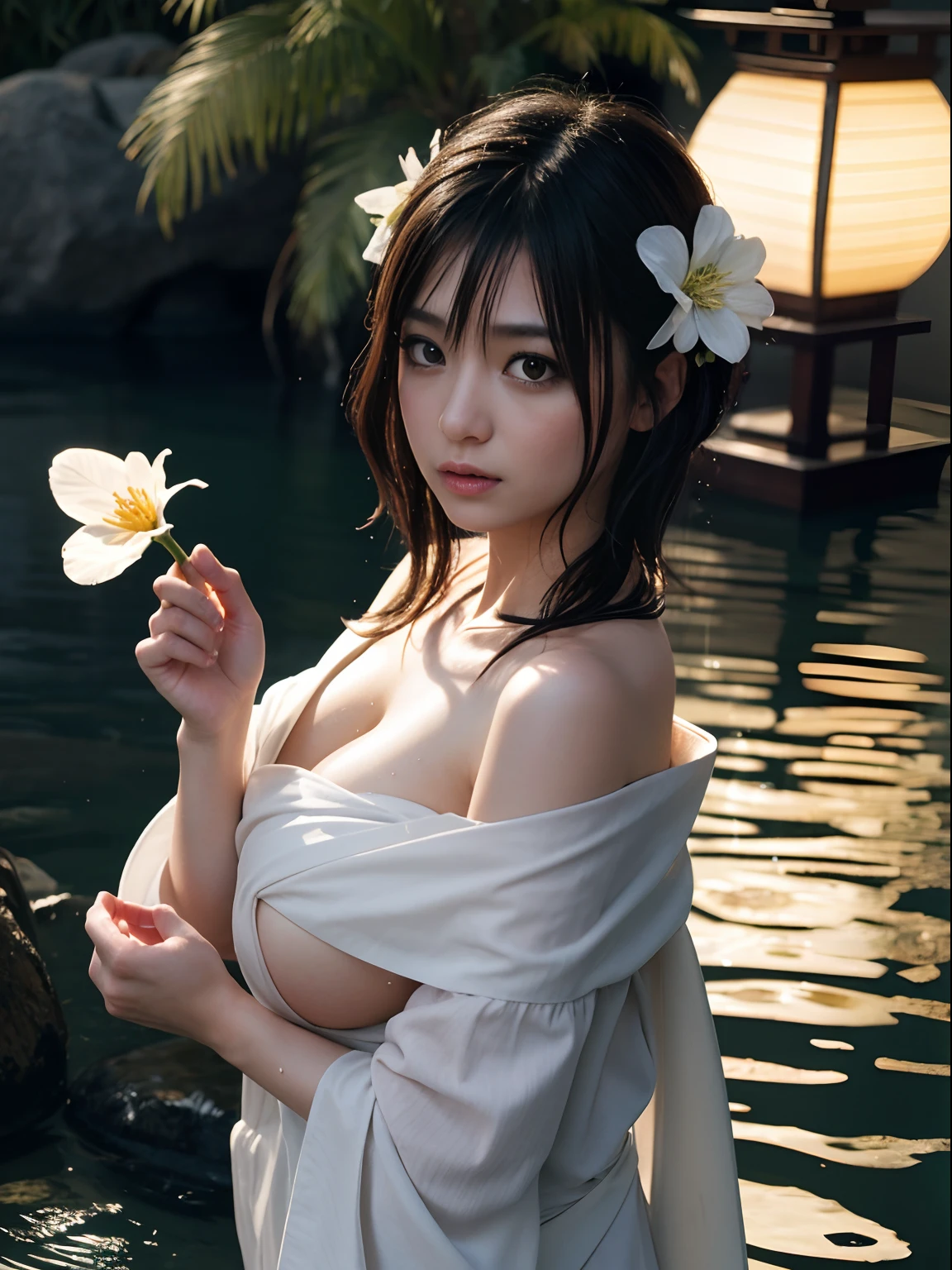 1girl, , moon, lantern, night, solo, large breastsornament, wet, kimono, japanese clothes, wading, water, hair flower, flower, outdoors, sky, full moon, rain, black hair, off shoulder, mountain, cloud, holding, sash, bare shoulders, paper lantern, standing, white kimono, night sky, sideboob, obi, wet clothes, bangs, tree, from side, reflection, short hair, cloudy sky, wet hair (((masterpiece),(extremely detailed CG unity 8k wallpaper),best quality,,solo,1girl,cinematic lighting,detailed background,beautiful detailed eyes,bright pupils, (an extremely delicate and beautiful),(Beautiful and detailed eye description), ultra-detailed,masterpiece,)),