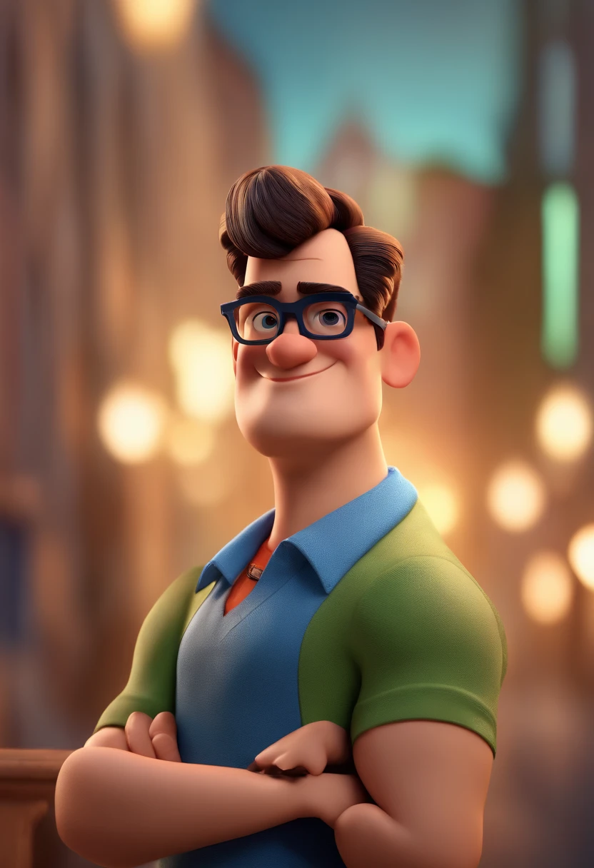 Cartoon character of a man with black glasses and a blue shirt, animation character, Caractere estilizado, animation style rendering, 3D estilizado, Arnold Maya render, 3 d render stylized, toon render keyshot, Personagem 3D, Personagem 3D, 3d rendering stylized, 3 d character render, personagem de desenho animado, Personagem de close up, Pose de personagem, (Estilo Pixar) (master part:1.2) (Bokeh) (best quality) (pele detalhada) (textura detalhada) (8k) (argila) (Cinematic lighting) (foco nítido