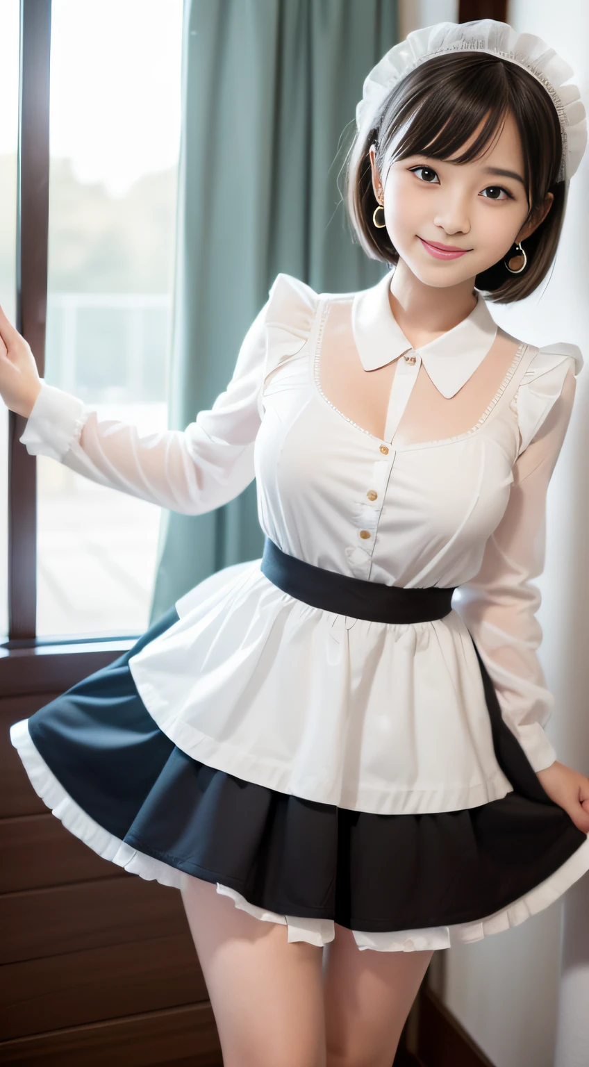 (luxury long dress, High-quality panties with a polka dot pattern are visible from the hem of dress:1.3, Long Sleeve Ruffled, White maid apron, White prim head), (high kick, one leg up:1.3), (full length, whole body), (black hair, ************, (slim waist and large breasts style, short height:1.2), short bob hair, aqua eyes, blush stickers, one little star earring, lively eyes, younger sister girl, round face, eyebrows downward, light blush, Look at viewers, affectionate cute, cute girl, surreal high school girl, Look at viewers, smile, Hinano Himeno), (Surrealism, natural lighting, depth of field, Nikon, 8k, super detail, masterpiece, high details, anatomically correct, award winning), look at the viewer