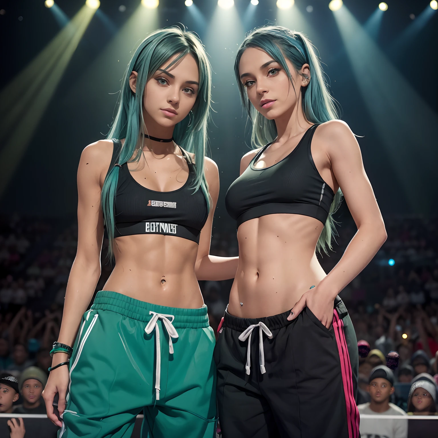 two 24 year old female rappers live on stage, mic in hand, huge audience, dynamic light, hip hop, baggy pants, sweat pants, sports bra, very skinny, ribs, abs, green and blue hair, long hair, small breast, flat chest, sweaty, rachel cook, slim, ancle bands, smiling, happy, hyped up, small waist