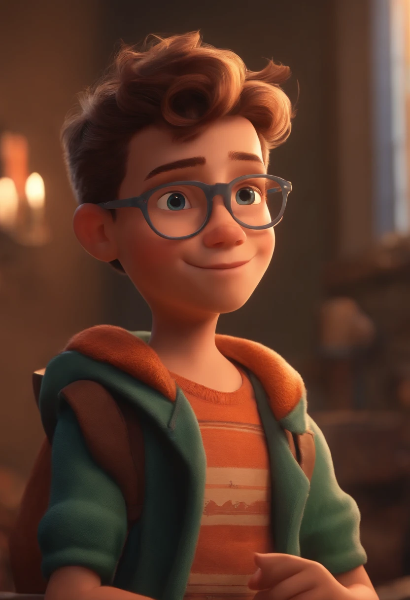 Image of a boy for a story in a YouTube video in Pixar format, He's the  allabester, He's the class leader, He's outgoing, Playful and gets up for a lot of things, cabelo curto
