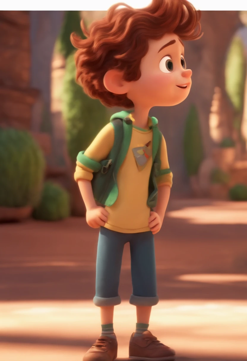Image of a boy for a story in a YouTube video in Pixar format, He's the little allabester, He's the class leader, He's outgoing, Playful and gets up for a lot of things, cabelo curto