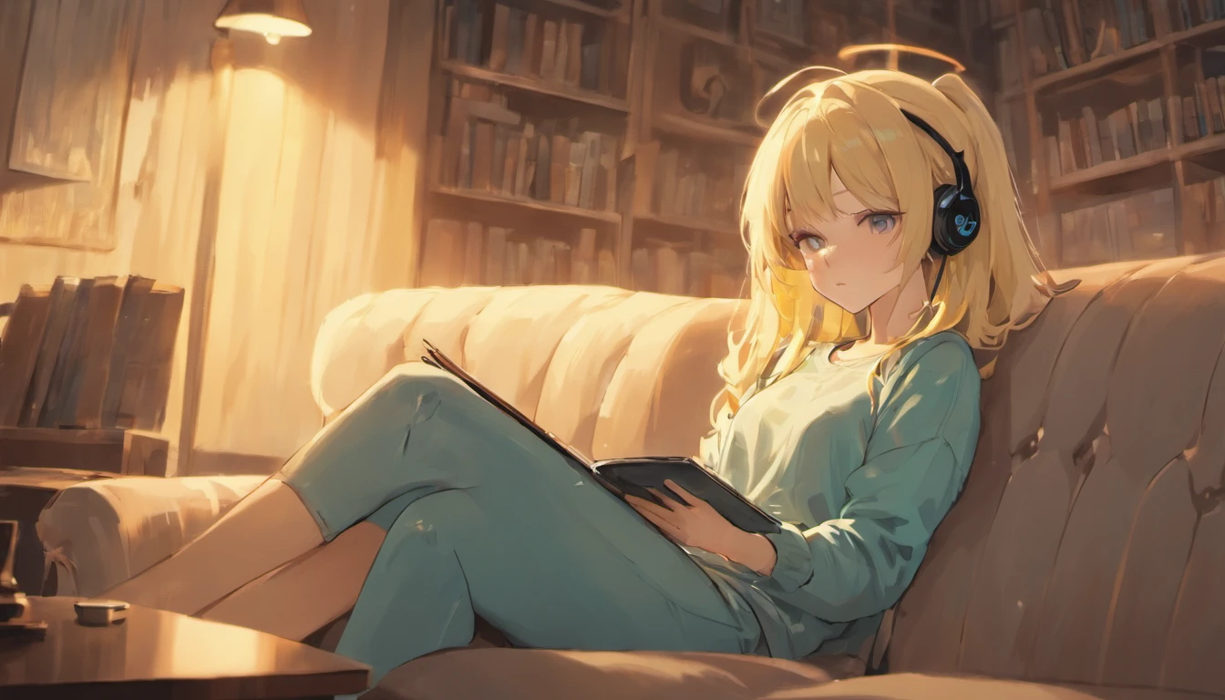 Girl listening to music in cozy room at night,natta２About time,Blonde short,A girl's perspective is a textbook, Looking from above diagonally behind,by the window,Study and write in textbooks, 2D style anime, lo fi, ighly detailed, hard disk