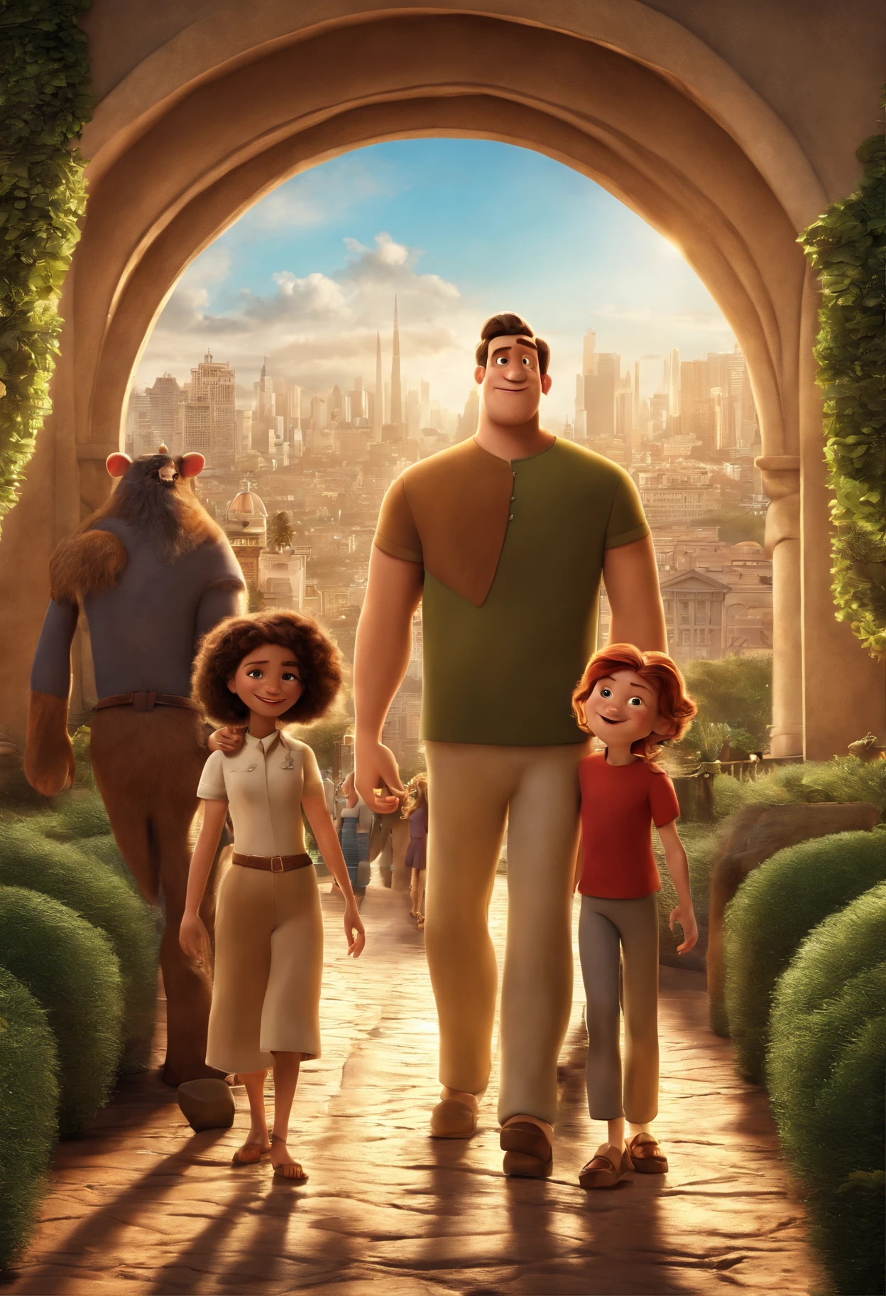 a Disney Pixar movie poster showing a white-skinned family. O pai trm barba curta, Moreno, cabelos curtos e espinhosos. The mother has dark brown eyes and hair and is slightly overweight. A tem 7 anos e cabelos castanhos escuros, roupa branca e rabo de cavalo. The background is Paulista Avenue seen from the SESC Paulista Viewpoint. 3D-rendering