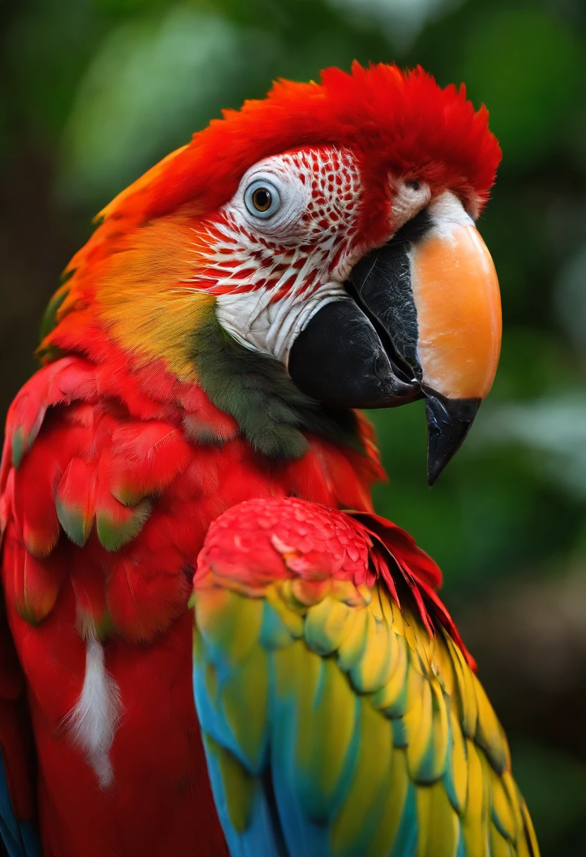 Hybrid animal with jaguar head from the Amazon, Horse body and wings of Amazonian scarlet macaw