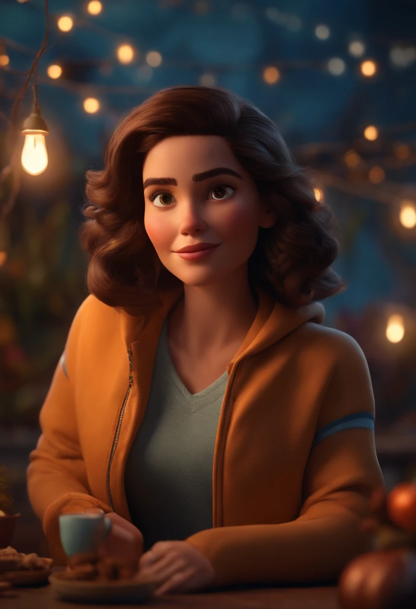 Pixar style image with 3D character short brunette woman would be in sweatshirt dancing, Maquiagem Disney,Pescador, bonitinho, sorridente ,Close-up, Pixar, Disney, Cinema lighting,