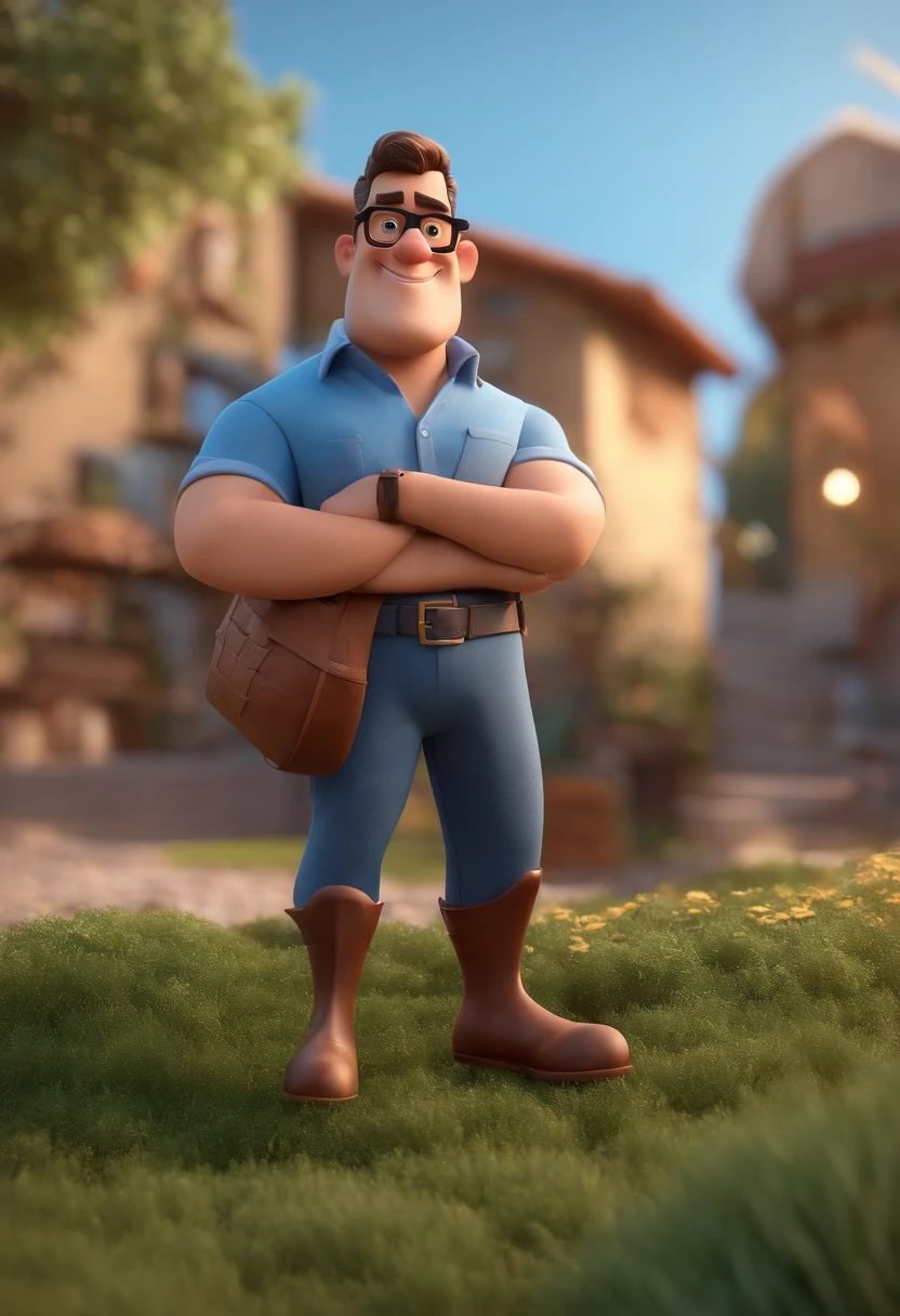 Cartoon character of a man wearing black glasses and a blue shirt, um personagem animado, Caractere estilizado, animation style rendering, 3D estilizado, Arnold Maya render, 3 d render stylized, toon render keyshot, Personagem 3D, Personagem 3D, 3d rendering stylized, 3 d character render, personagem de desenho animado, Personagem de close up, Pose de personagem, (Estilo Pixar) (master part:1.2) (Bokeh) (best quality) (pele detalhada) (textura detalhada) (8k) (argila) (Cinematic lighting) (foco nítido,Senta e vaza a parte superior do corpo