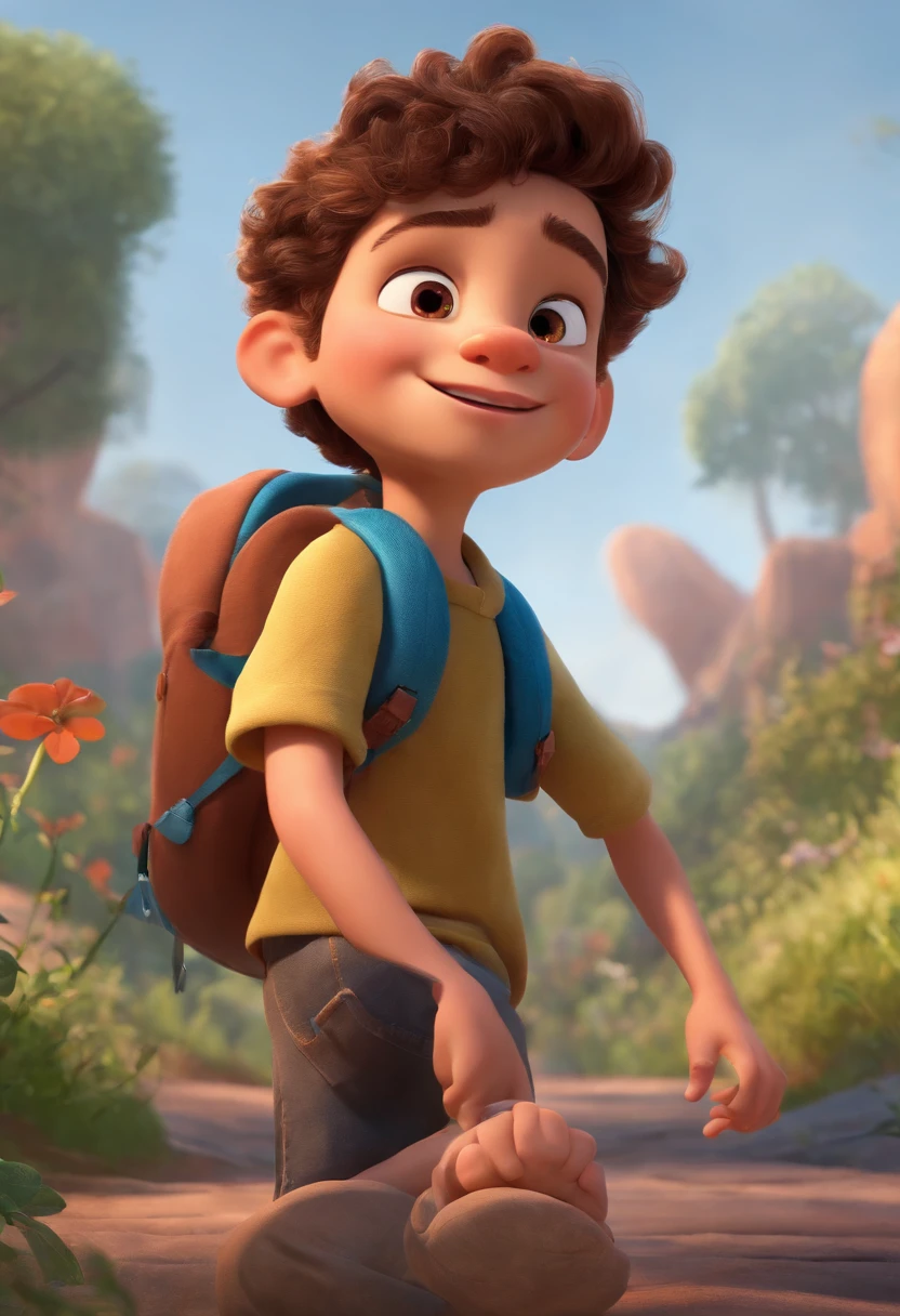 Image of a boy for a story in a YouTube video in Pixar format, He's the little allabester, He's the class leader, He's outgoing, Playful and gets up for a lot of things, cabelo curto