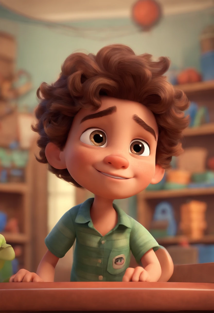 Image of a boy for a story in a YouTube video in Pixar format, He's the allabester, He's the class leader, He's outgoing, Playful and gets up for a lot of things, cabelo curto