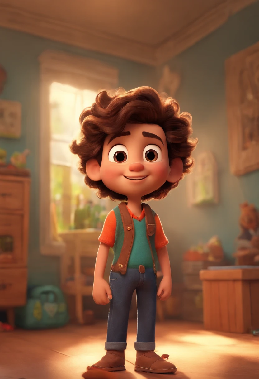 Image of a boy for a story in a YouTube video in Pixar format, He's the little allabester, He's the class leader, He's outgoing, Playful and gets up for a lot of things, cabelo curto