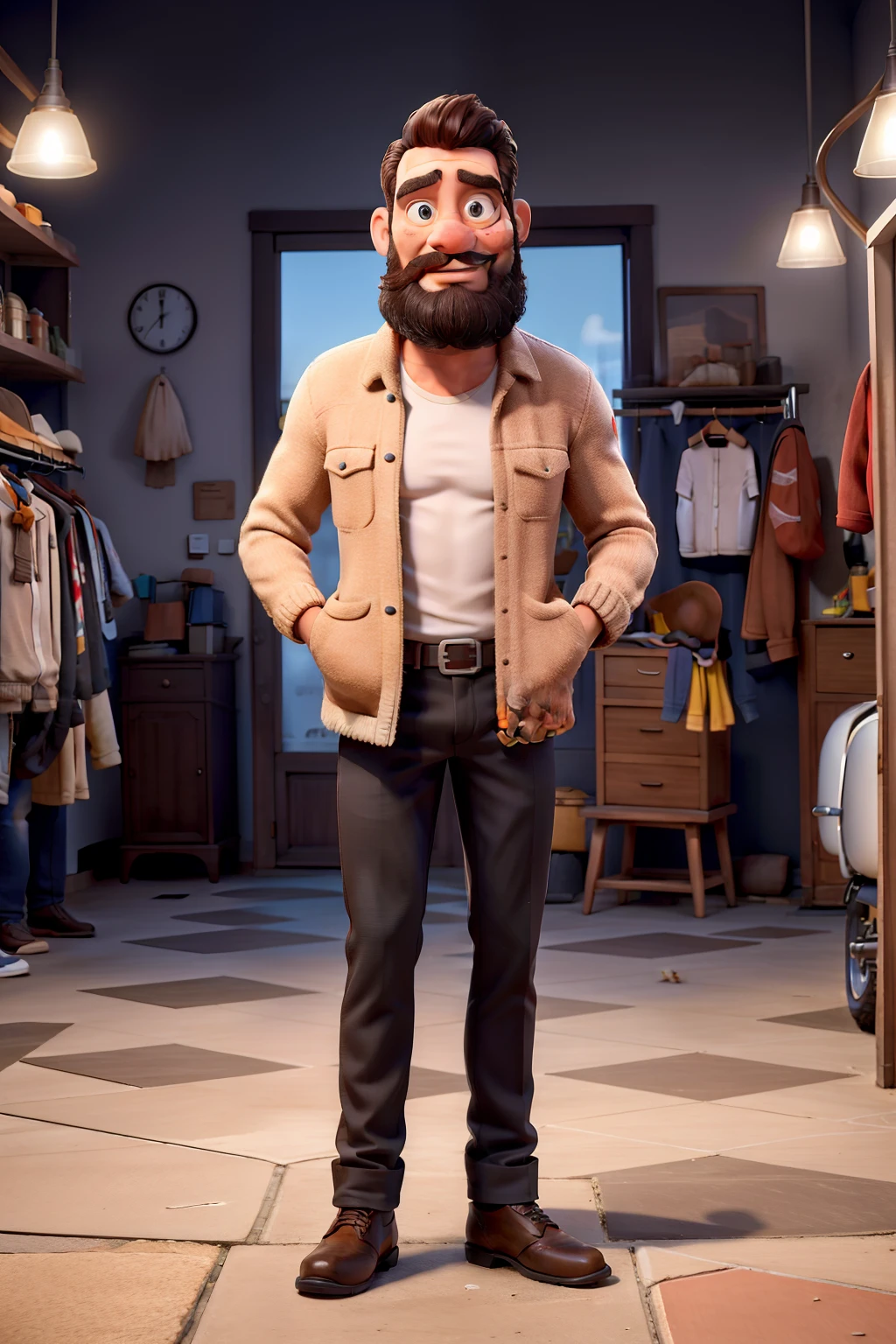 Homem 45 anos com barba e cabelo castanhos, com roupa jens e jaqueta de couro ao fundo uma motocicleta.