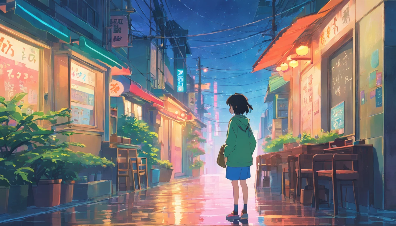 (zero), Menina estudando em seu quarto, Ler um livro, Use fones de ouvido, , luzes noturnas, Neon landscape on a rainy day,analog color theme, Lo-Fi Hip Hop , retrospectiva, plano, 2.5D ,Desenhar uma linha, desenho a tinta digital, Great slope, pintura em aquarela, Goosch Cores, Estilo Studio Ghibli, Amazing color, Tonelada Exterior, Synthwave, Arte Lofi,Estilo anos 90,textura antiga, amplitude,Vibe dos anos 90, masutepiece, Tecnologia tremenda, 16:Escala 9