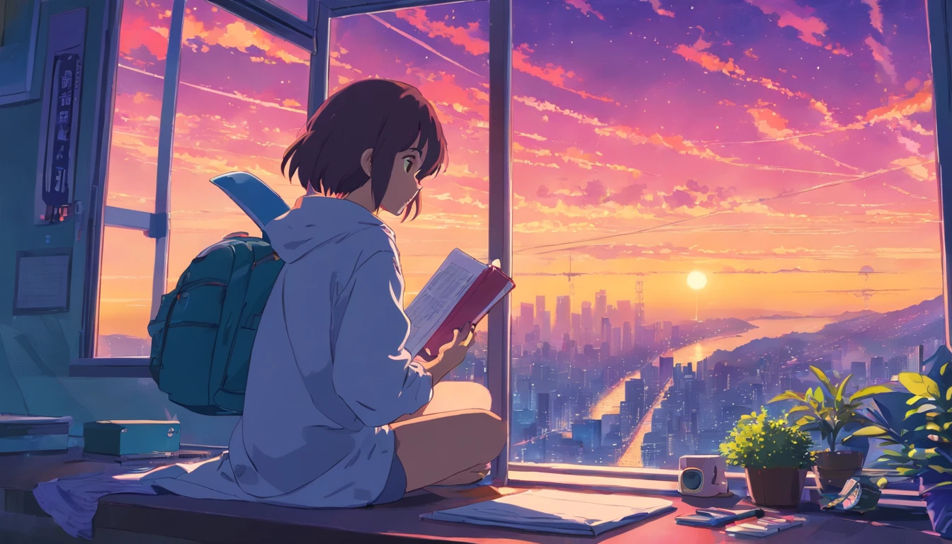 (zero), Menina estudando em seu quarto, Ler um livro, Use fones de ouvido, , luzes noturnas, Neon landscape on a rainy day,analog color theme, Lo-Fi Hip Hop , retrospectiva, plano, 2.5D ,Desenhar uma linha, desenho a tinta digital, Great slope, pintura em aquarela, Goosch Cores, Estilo Studio Ghibli, Amazing color, Tonelada Exterior, Synthwave, Arte Lofi,Estilo anos 90,textura antiga, amplitude,Vibe dos anos 90, masutepiece, Tecnologia tremenda, 16:Escala 9