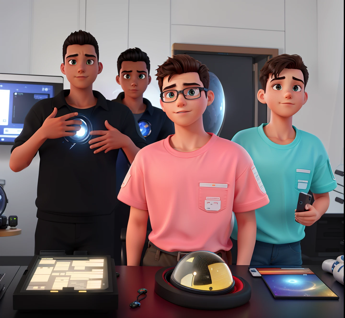 (best quality,4k,highres),four boys on a space mission,dressed in dark space suits,in a room filled with electronic panels and monitoring screens,ultra-detailed,realistic lighting,professional,sci-fi style,vivid colors,ultra-fine painting,detailed control panels,high-tech equipment,serious expressions,space helmets,large display screens,shiny surfaces,star background,zero gravity sensation,intense atmosphere,sharp focus,physically-based rendering