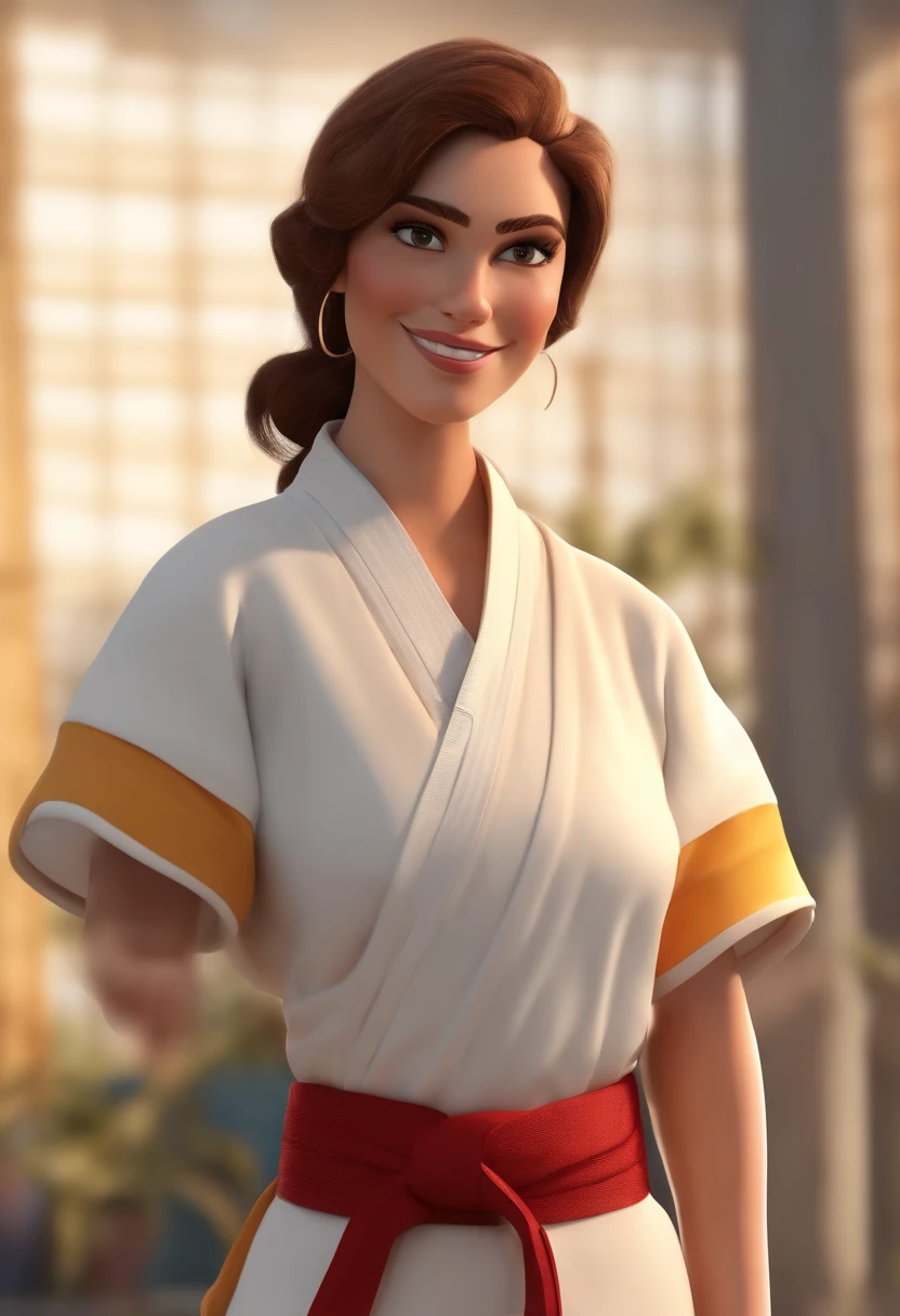 Personagem de desenho animado de uma atleta da selecao brasileira de judo, mulher jovem branca pesando 100 kilos, judoca com cabelos curtos com as pontas dos cabelos azuis usando kimono branco, um personagem animado, Caractere estilizado, animation style rendering, 3D estilizado, Arnold Maya render, 3 d render stylized, toon render keyshot, Personagem 3D, Personagem 3D, 3d rendering stylized, 3 d character render, personagem de desenho animado, Personagem de close up, Pose de personagem, (Estilo Pixar) (master part:1.2) (Bokeh) (best quality) (pele detalhada) (textura detalhada) (8k) (argila) (Cinematic lighting) (foco nítido,Senta e vaza a parte superior do corpo
