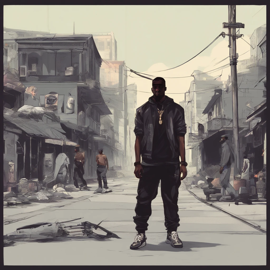 homen negro, estilo hip hop vestindo panos pretos caminhando por uma estrada antiga e sendo acompanhado por corvos