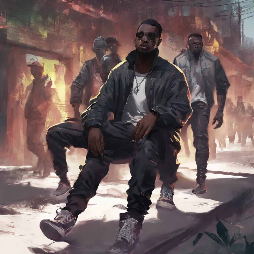 homen negro, estilo hip hop vestindo panos pretos caminhando por uma estrada antiga e sendo acompanhado por corvos