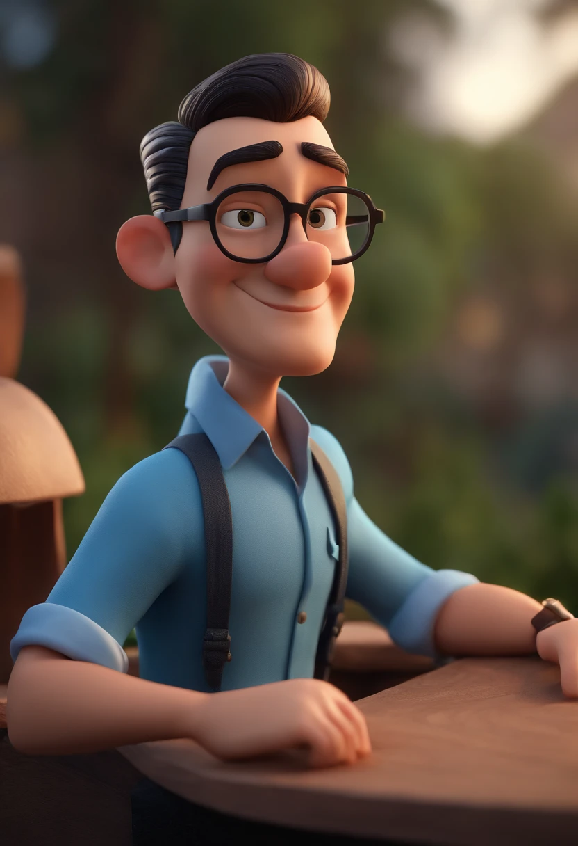 Cartoon character of a man with black glasses and a blue shirt, animation character, Caractere estilizado, animation style rendering, 3D estilizado, Arnold Maya render, 3 d render stylized, toon render keyshot, Personagem 3D, Personagem 3D, 3d rendering stylized, 3 d character render, personagem de desenho animado, Personagem de close up, Pose de personagem,  (Estilo Pixar) (master part:1.2) (Bokeh) (best quality) (pele detalhada) (textura detalhada) (8k) (argila) (Cinematic lighting) (foco nítido