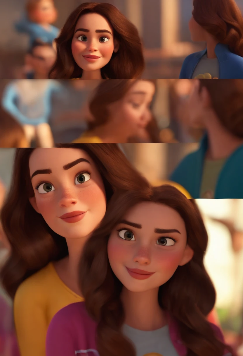 Pixar style image with 3D character, brunette woman with straight hair would be in sweatshirt dancing, Maquiagem Disney,Pescador, bonitinho, sorridente ,Close-up, Pixar, Disney, Cinema lighting,