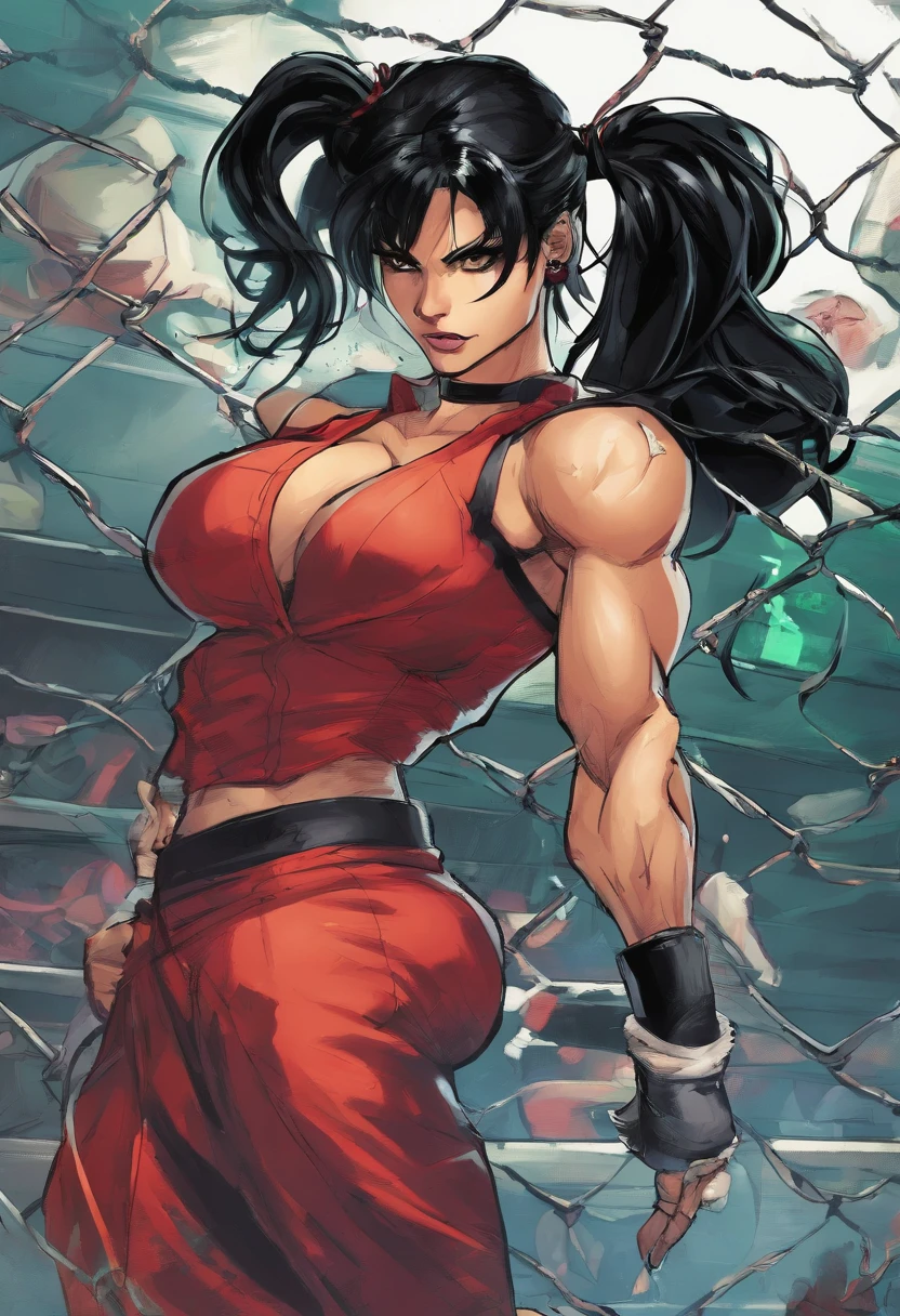 Muscular mature Denise Milani as an elegant cage fighter, stylish jet-black hair, huge firm silicone breasts, muscular physique, black leather pleated skirt, fighting cage in an abandoned factory, green eyes,