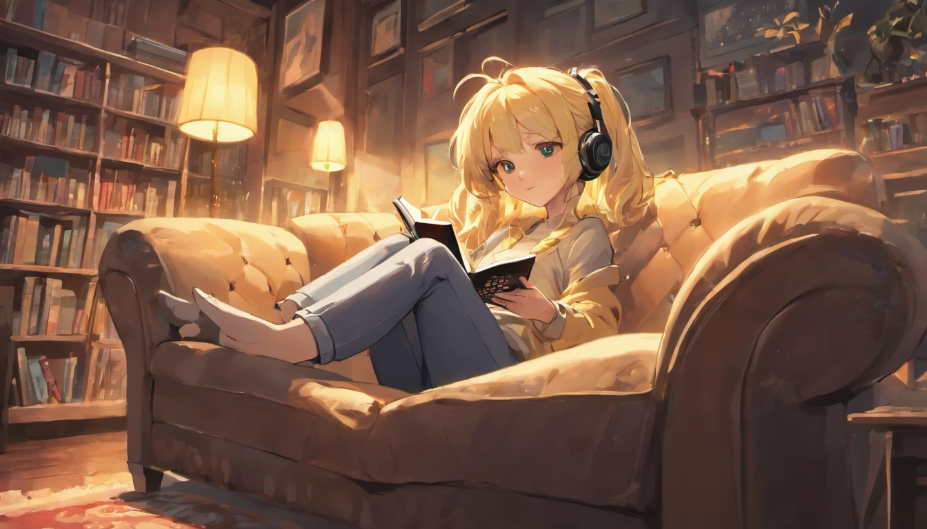 Blonde woman sitting on a sofa reading a book with headset in a living room, Ler um livro, arte conceitual relaxante, retrato do livro, realistic illustration, realistic afternoon lighting, estilo de arte realista, Lendo novo livro, olhando para a janela, cidade linda sobre a janela a fora, photorealistic illustration, estilo de arte realista, relaxing on a couch, Atey Ghailan 8 K, inspirado em Atey Ghailan, ambiente aconchegante, relaxing on the couch, master part, best quality, soft lighting, absurdos, 1girl, foco solo, skin imperfection, dentadura da pele, rosto perfeito, Cara inchada, beautiful face, olhos grandes, olhos inchados, olhos perfeitos, Cilia, 8k, UHD, HDR