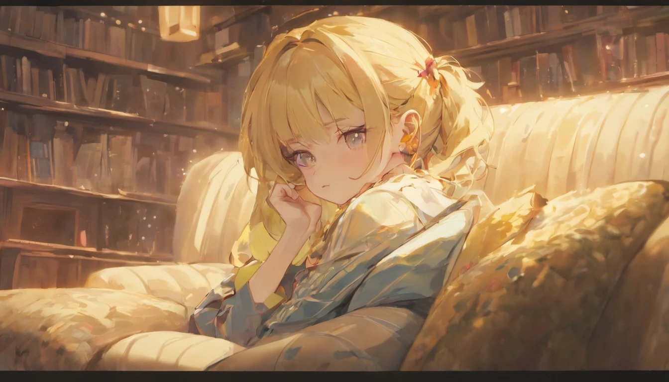Blonde woman sitting on a sofa reading a book with headset in a living room, Ler um livro, arte conceitual relaxante, retrato do livro, realistic illustration, realistic afternoon lighting, estilo de arte realista, Lendo novo livro, olhando para a janela, cidade linda sobre a janela a fora, photorealistic illustration, estilo de arte realista, relaxing on a couch, Atey Ghailan 8 K, inspirado em Atey Ghailan, ambiente aconchegante, relaxing on the couch, master part, best quality, soft lighting, absurdos, 1girl, foco solo, skin imperfection, dentadura da pele, rosto perfeito, Cara inchada, beautiful face, olhos grandes, olhos inchados, olhos perfeitos, Cilia, 8k, UHD, HDR