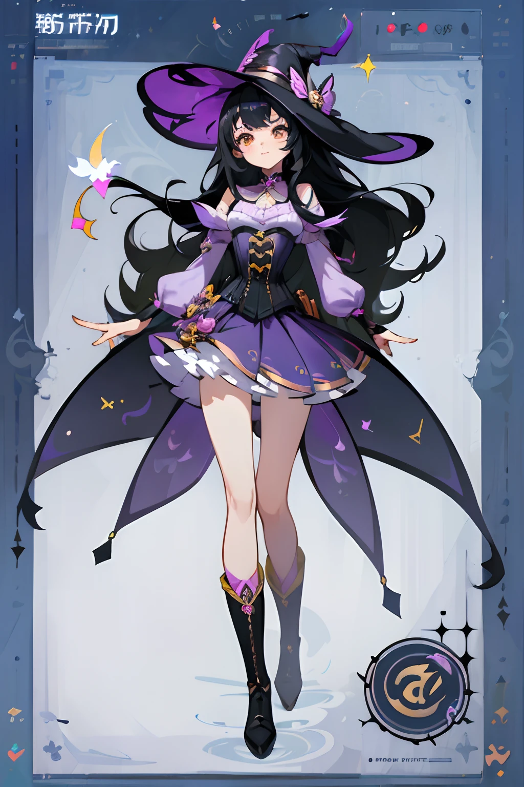 ((masterpiece)),(((best quality))),(Character design sheet, same character, same outfit ""body front view,), illustration, 1 girl in, long black hair , golden eyes, genshin impact style, purple magical girl style witch clothing, full body, hat, corset, blouse, skirt, thigh-tight stockings, leather boots and gloves, digital background, casting shadow.